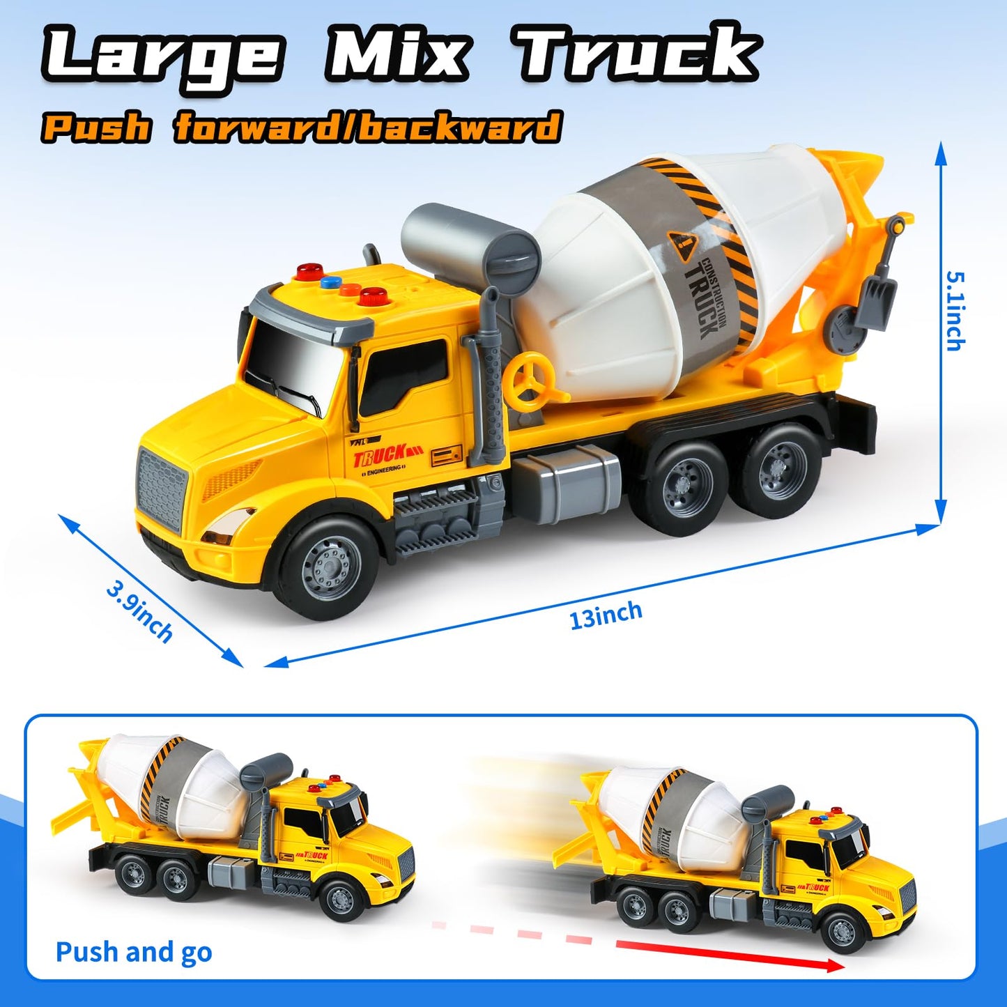 DWIRCTOYS Toddler Trucks: Big Cement Mixer Toy with Lights & Sounds for Ages 3-7