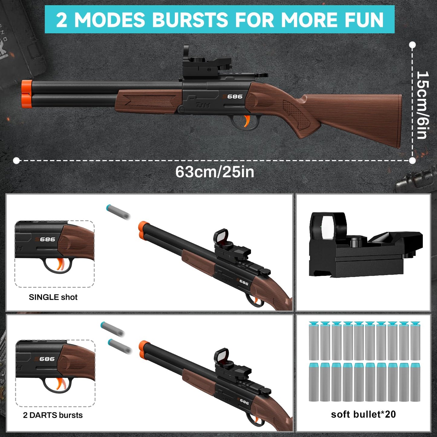DWMTGS Double Barrel Toy Shotgun – Realistic Foam Blaster with Scope & Soft Bullets for Ages 8-12 | Black