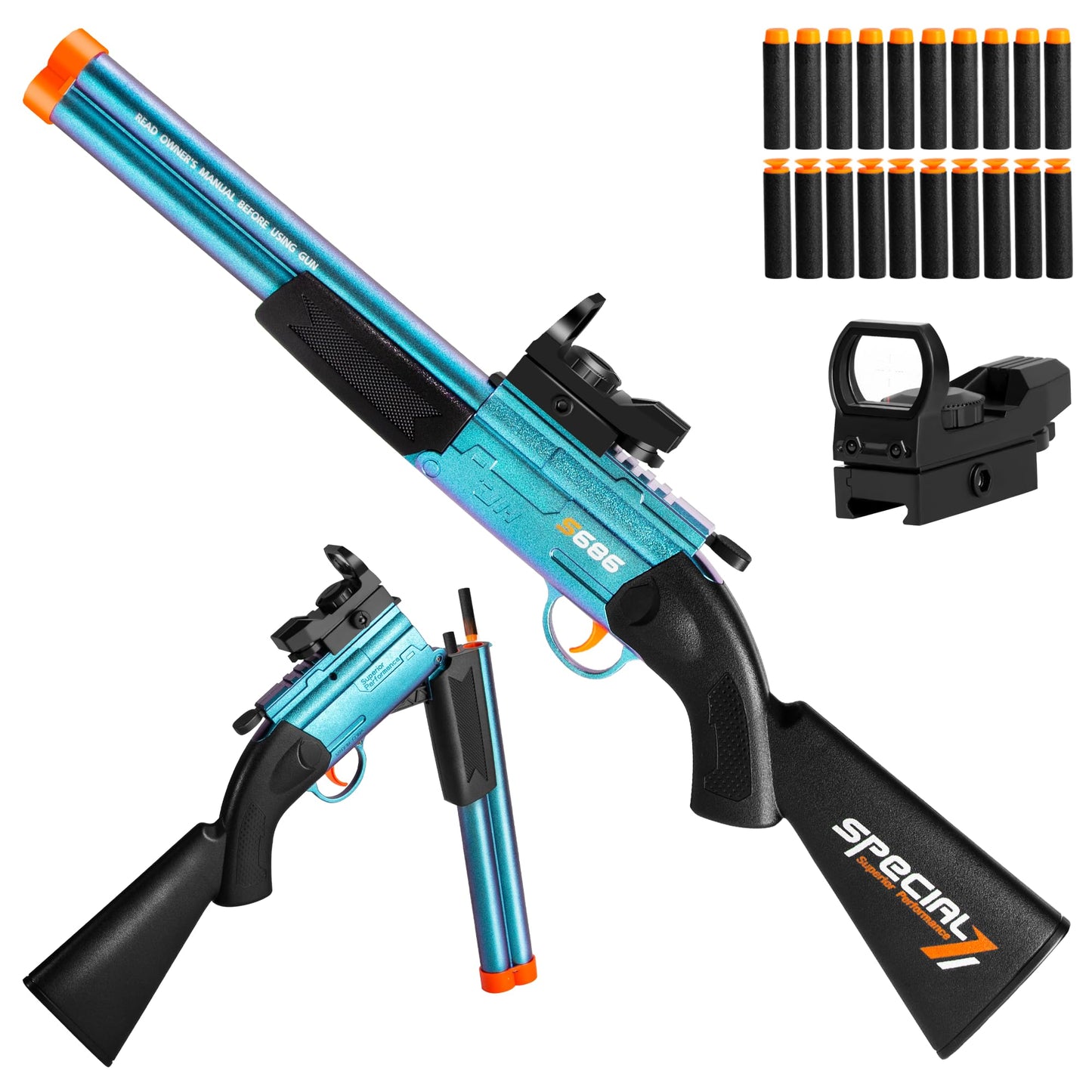 DWMTGS Toy Gun Double Barrel Shotgun – 20 Soft Darts, Foam Blaster with Scope (Blue)