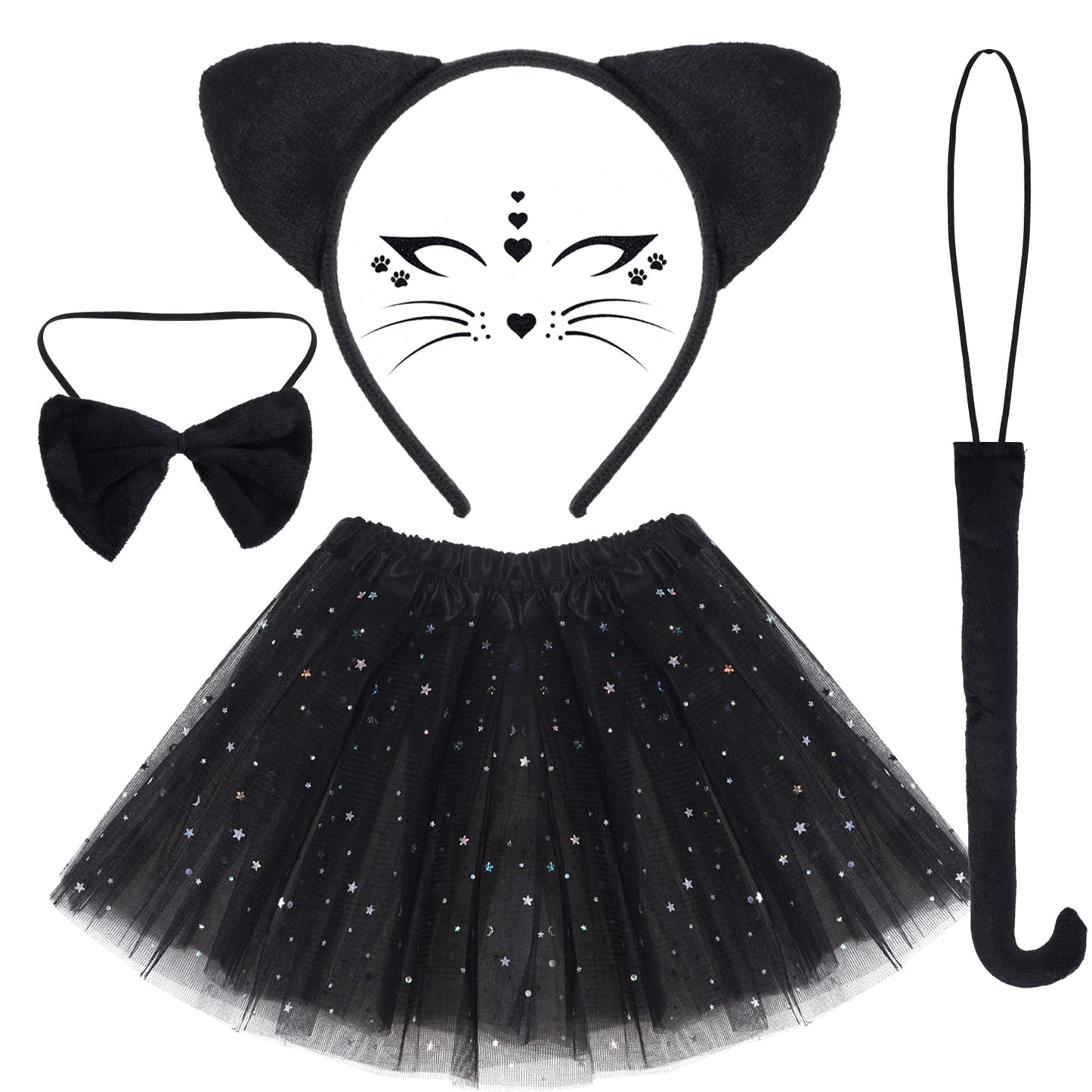 Dxhycc Black Cat Costume Set for Kids — Ears Headband, Tail, Bow Tie, Face Stickers & Sparkling Tutu (2–8 yrs)