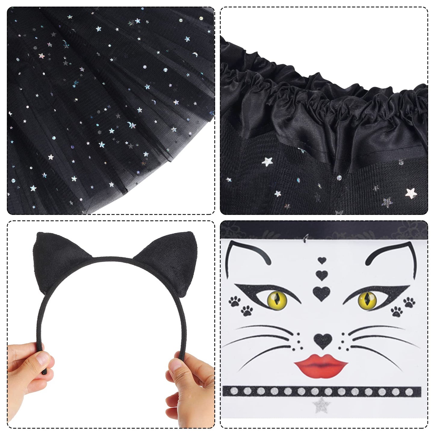 Dxhycc Black Cat Costume Set for Kids — Ears Headband, Tail, Bow Tie, Face Stickers & Sparkling Tutu (2–8 yrs)