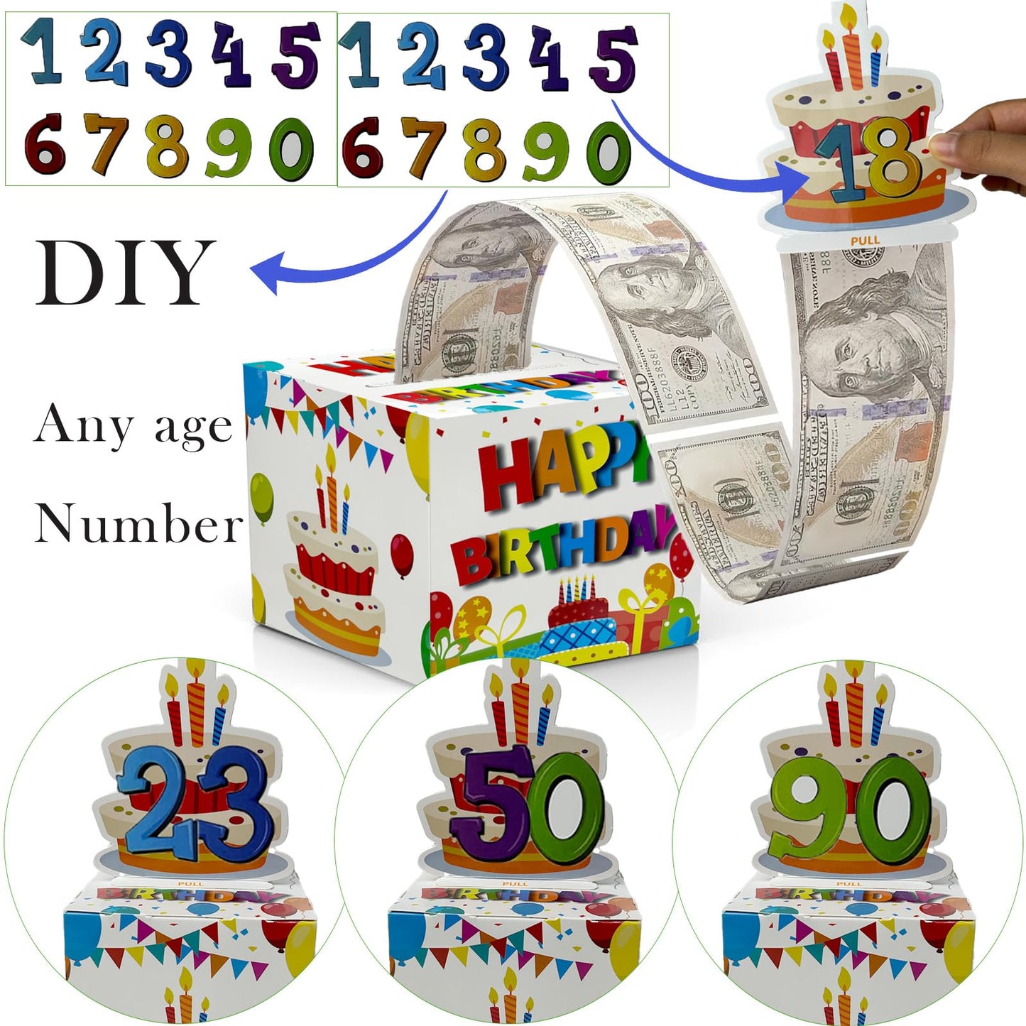 Dxlang Birthday Cash Box Pull – DIY Surprise Money Gift Box with 30 Bags (White)