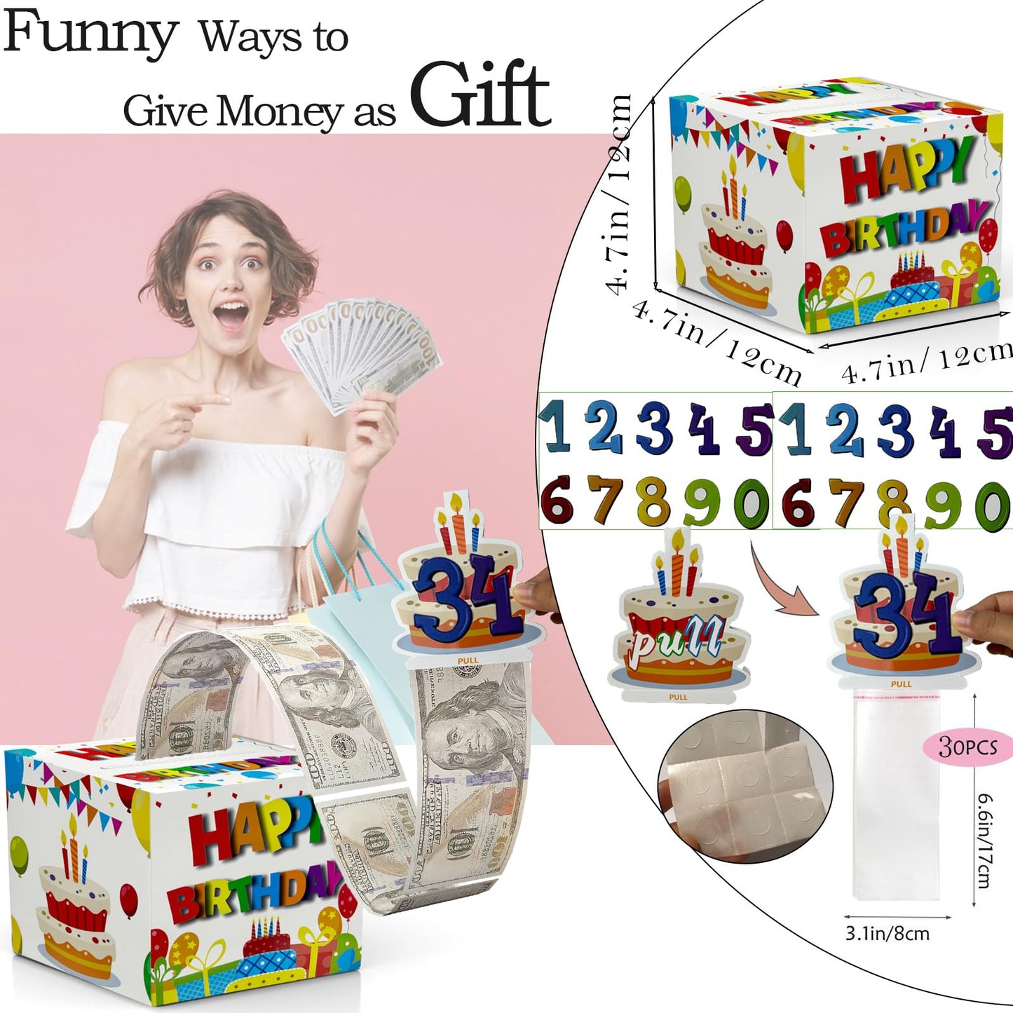 Dxlang Birthday Cash Box Pull – DIY Surprise Money Gift Box with 30 Bags (White)