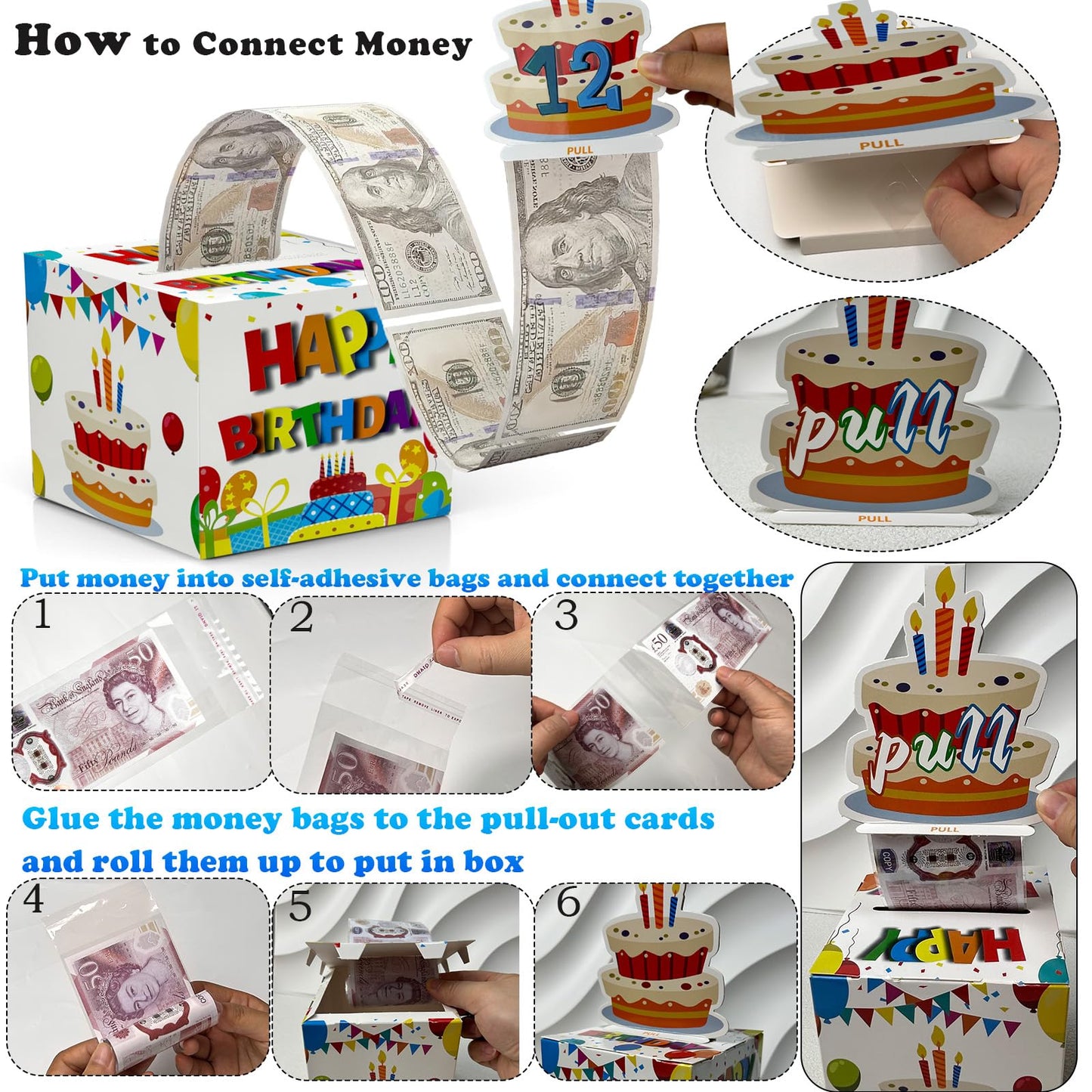 Dxlang Birthday Cash Box Pull – DIY Surprise Money Gift Box with 30 Bags (White)