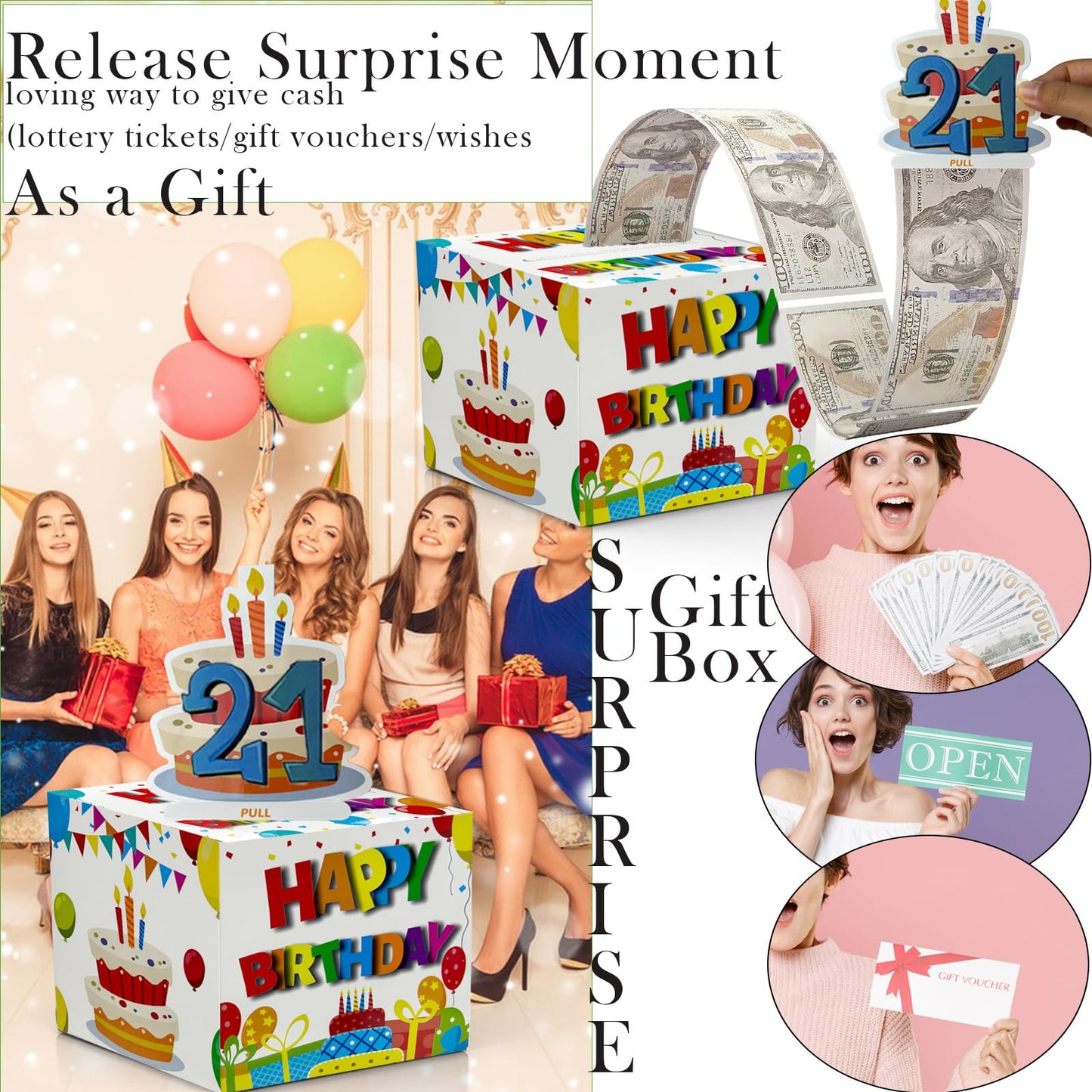 Dxlang Birthday Cash Box Pull – DIY Surprise Money Gift Box with 30 Bags (White)
