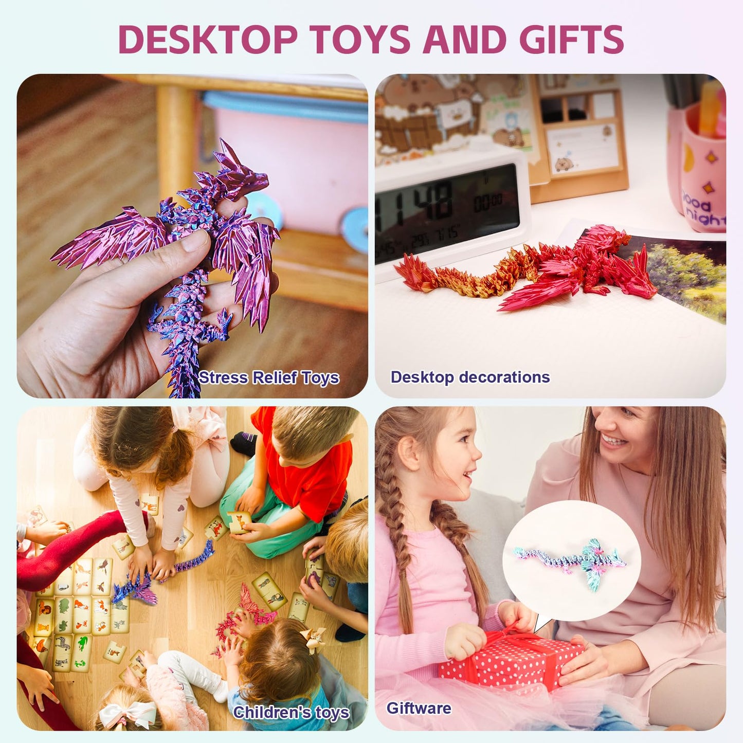 Dxldfks 3D Printed Articulated Winged Dragon - Red Gold Desk Toy