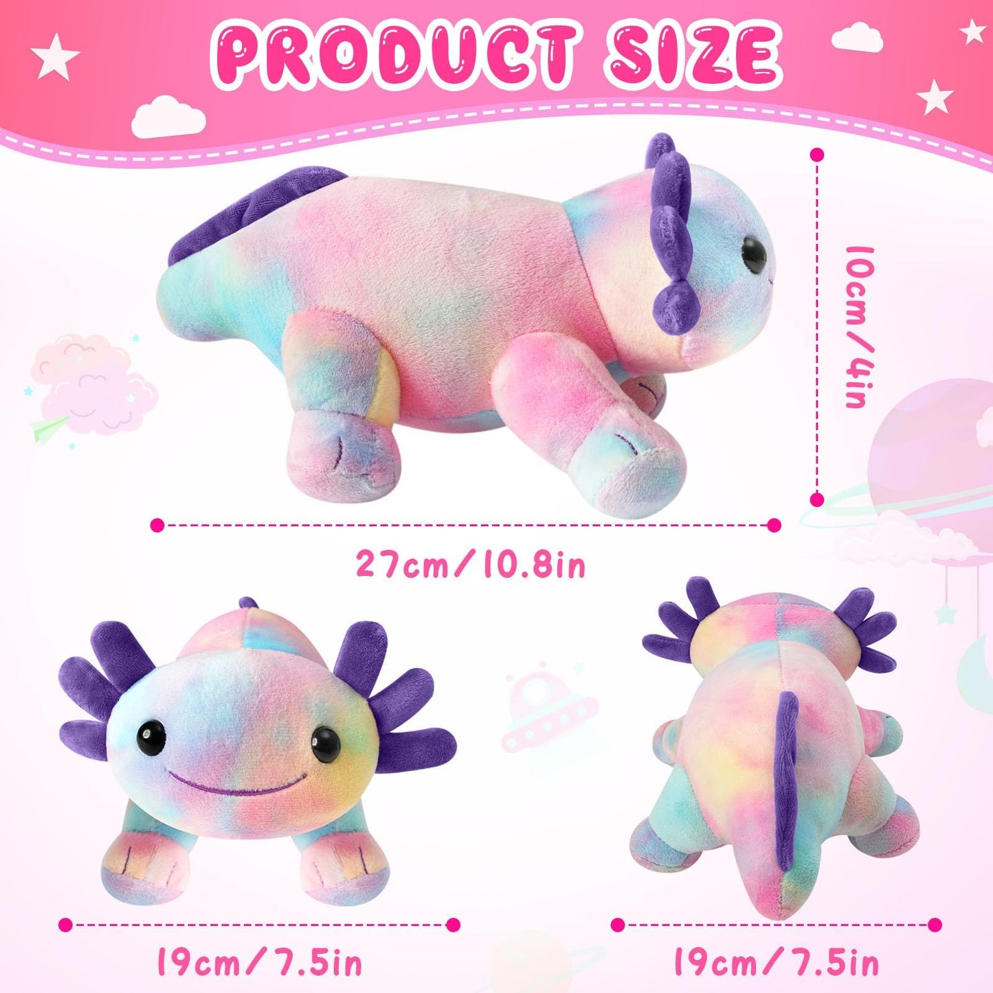 DYBFONO Axolotl Plush Toy - 10.8 Inch Soft Cotton Pillow, Multicolored Kawaii Gift
