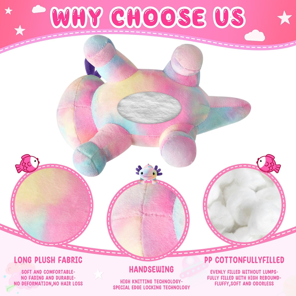 DYBFONO Axolotl Plush Toy - 10.8 Inch Soft Cotton Pillow, Multicolored Kawaii Gift