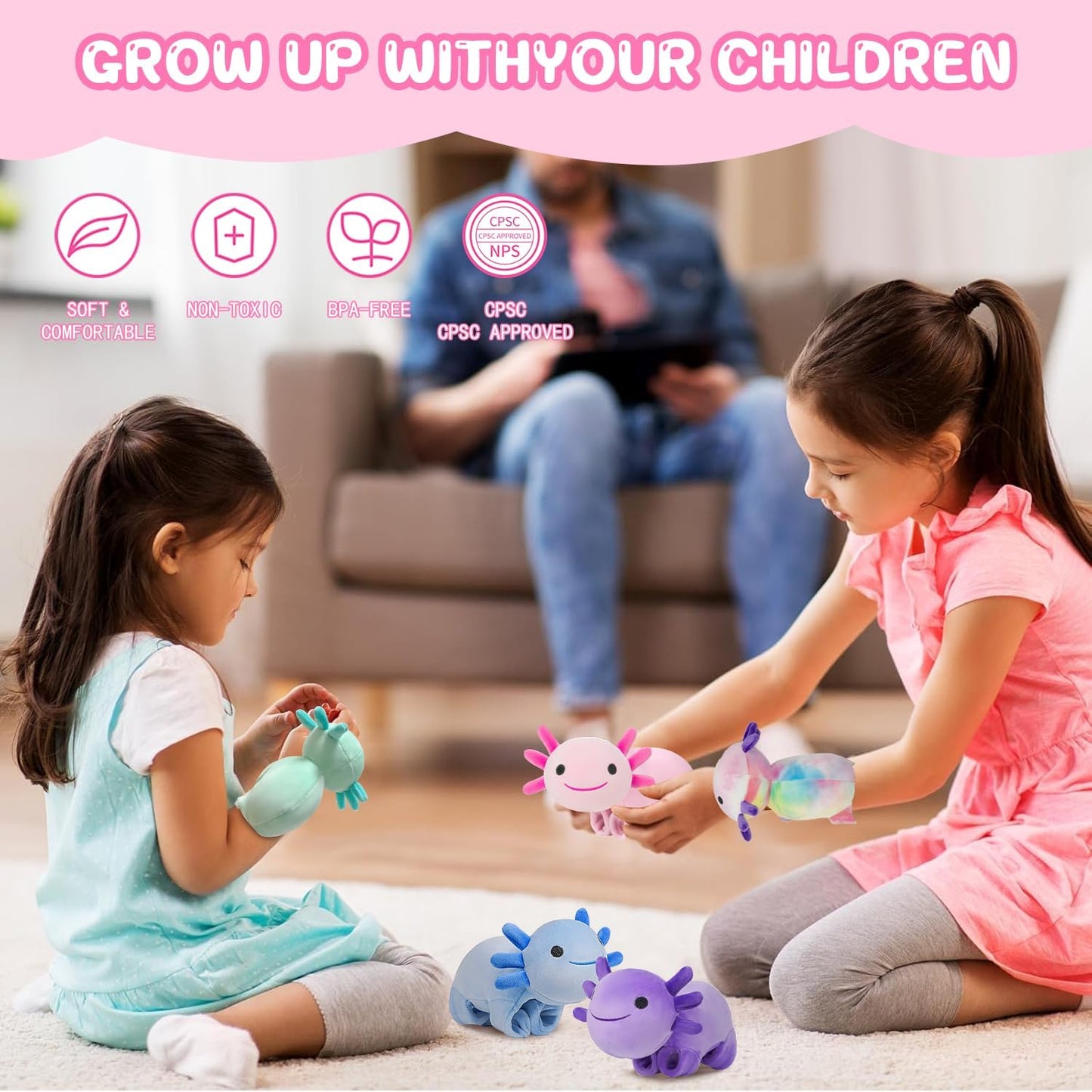 DYBFONO Huggers Axolotl Slap Bracelet – Plush Wrist Buddy for Kids (Pink)