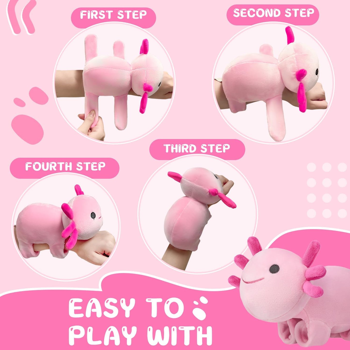 DYBFONO Huggers Axolotl Slap Bracelet – Plush Wrist Buddy for Kids (Pink)