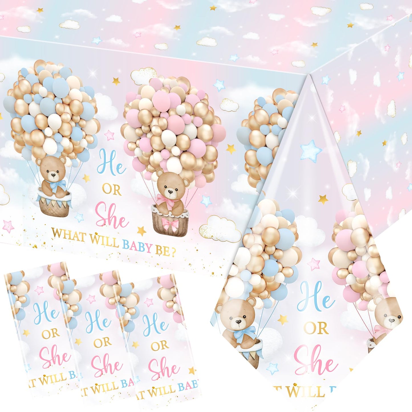 Dydamud Teddy Bear Gender Reveal Tablecloths – 3-Pack Pink & Blue, Bear Theme Party Favors