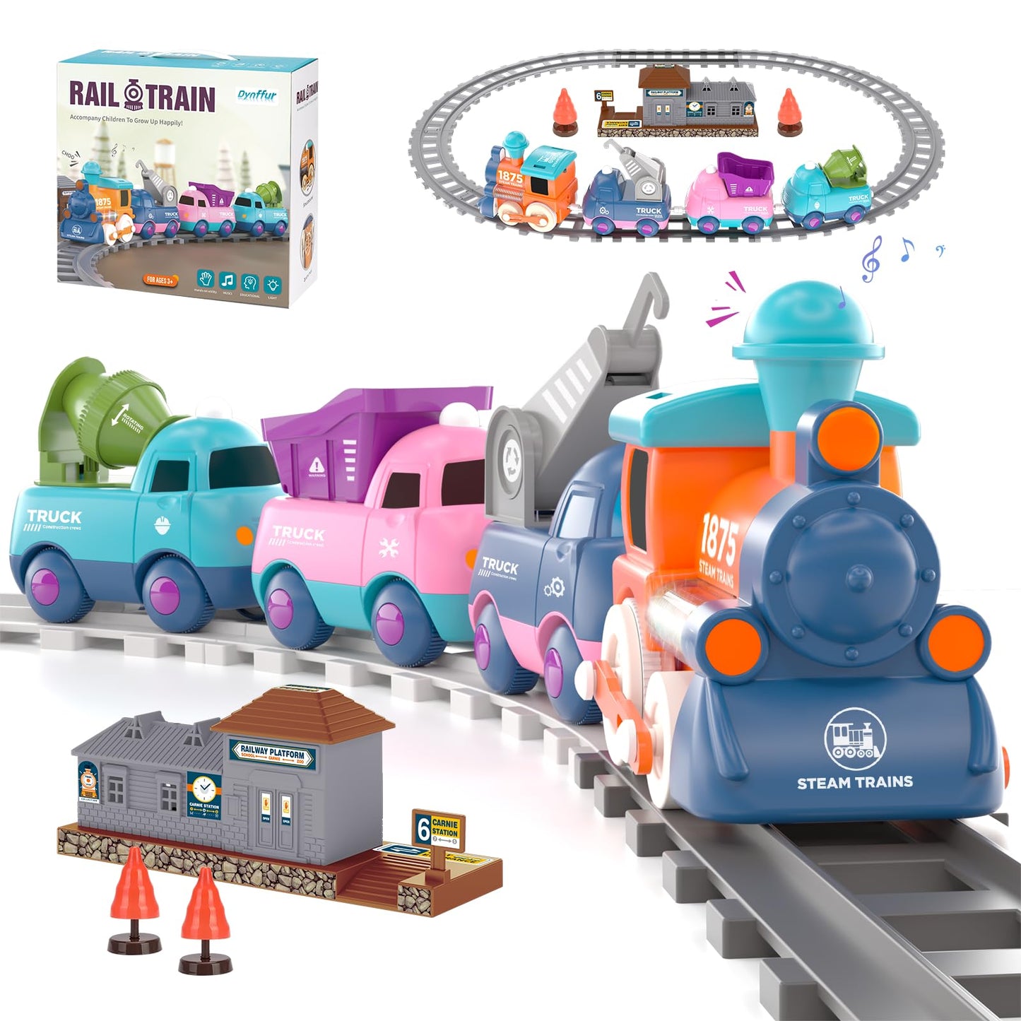 Dynffur Train Set for Toddlers — Light-Up Locomotive, Tracks & Kids Train Toy Gift