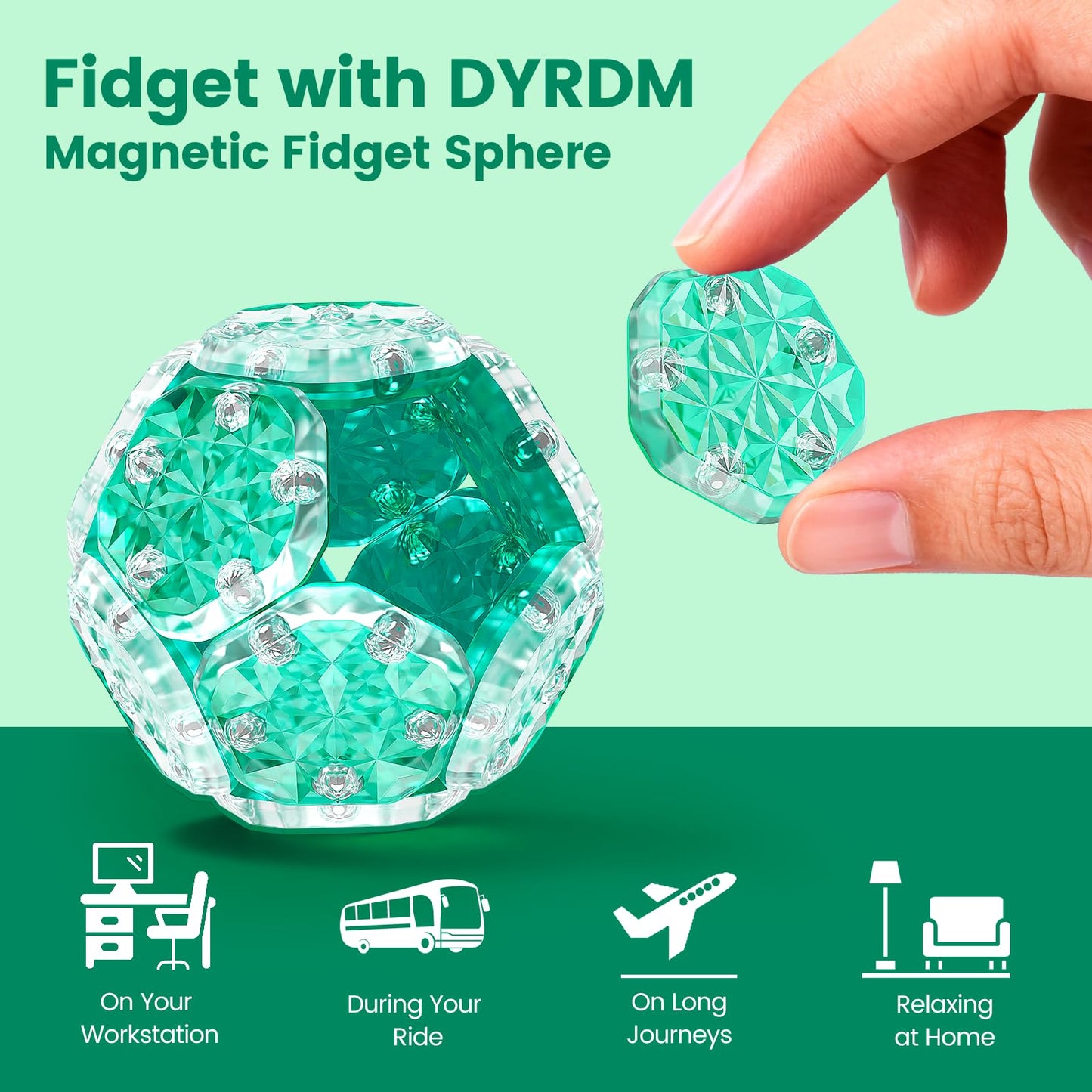 DYRDM Magnetic Fidget Sphere 12‑Piece Set (Green) | 200+ Combinations | Desk Toys
