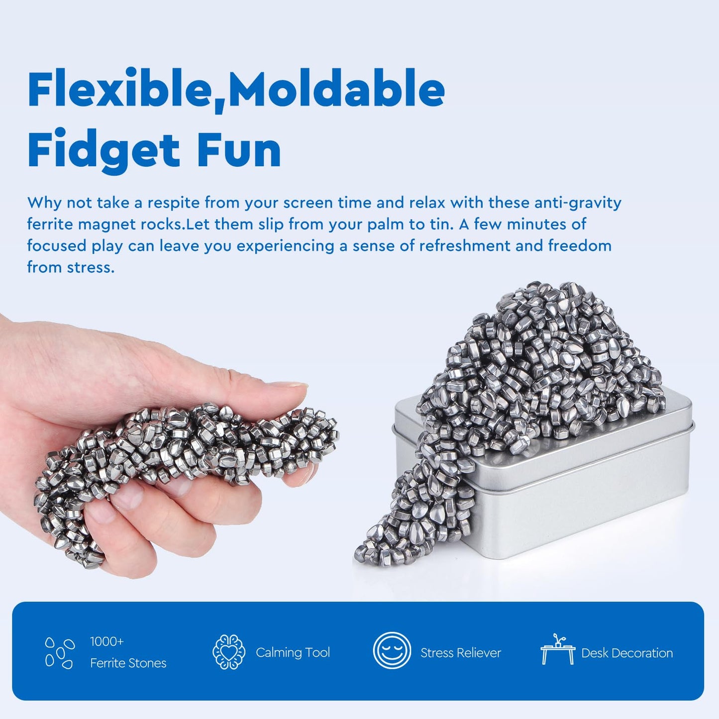 DYRDM 1000+ Ferrite Putty Silver | Sensory Stones Fidget Desk Accessory