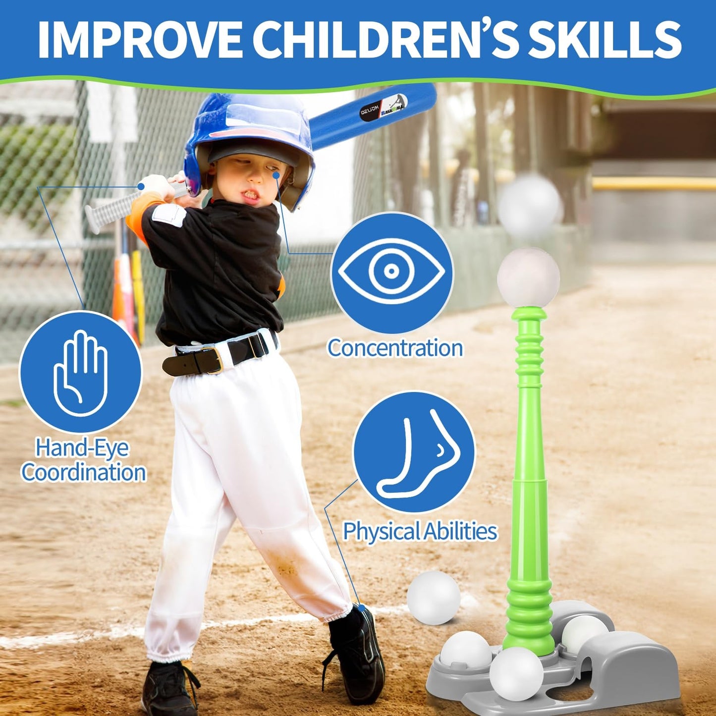 DZLION T Ball Set for Kids 3-8 | 6 Balls, Bat, Tee, Glove, Pitching Machine