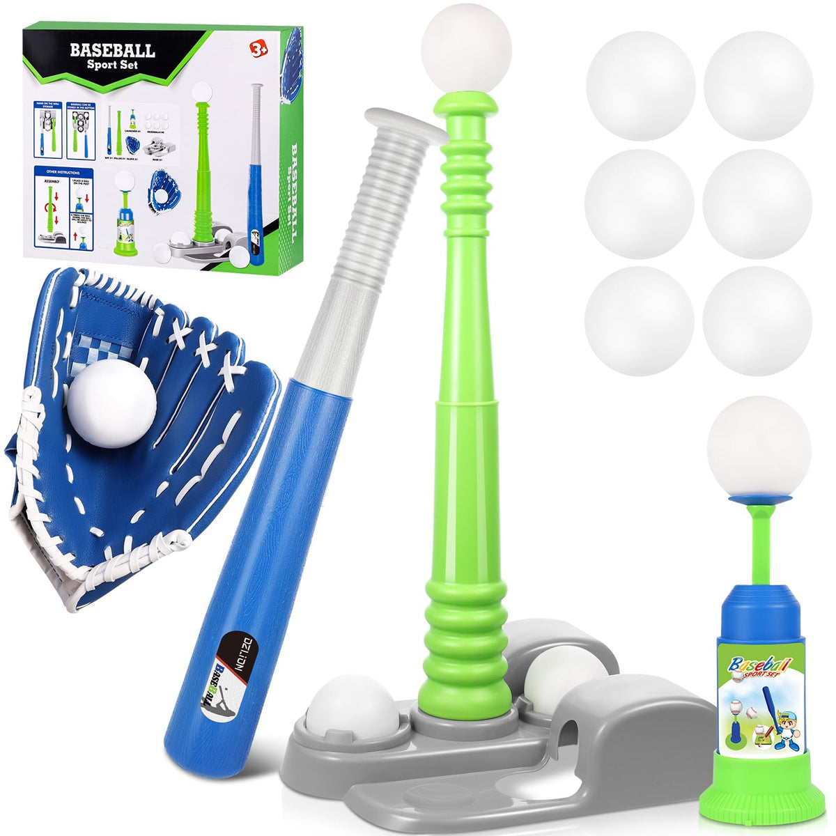 DZLION T Ball Set for Kids 3-8 | 6 Balls, Bat, Tee, Glove, Pitching Machine