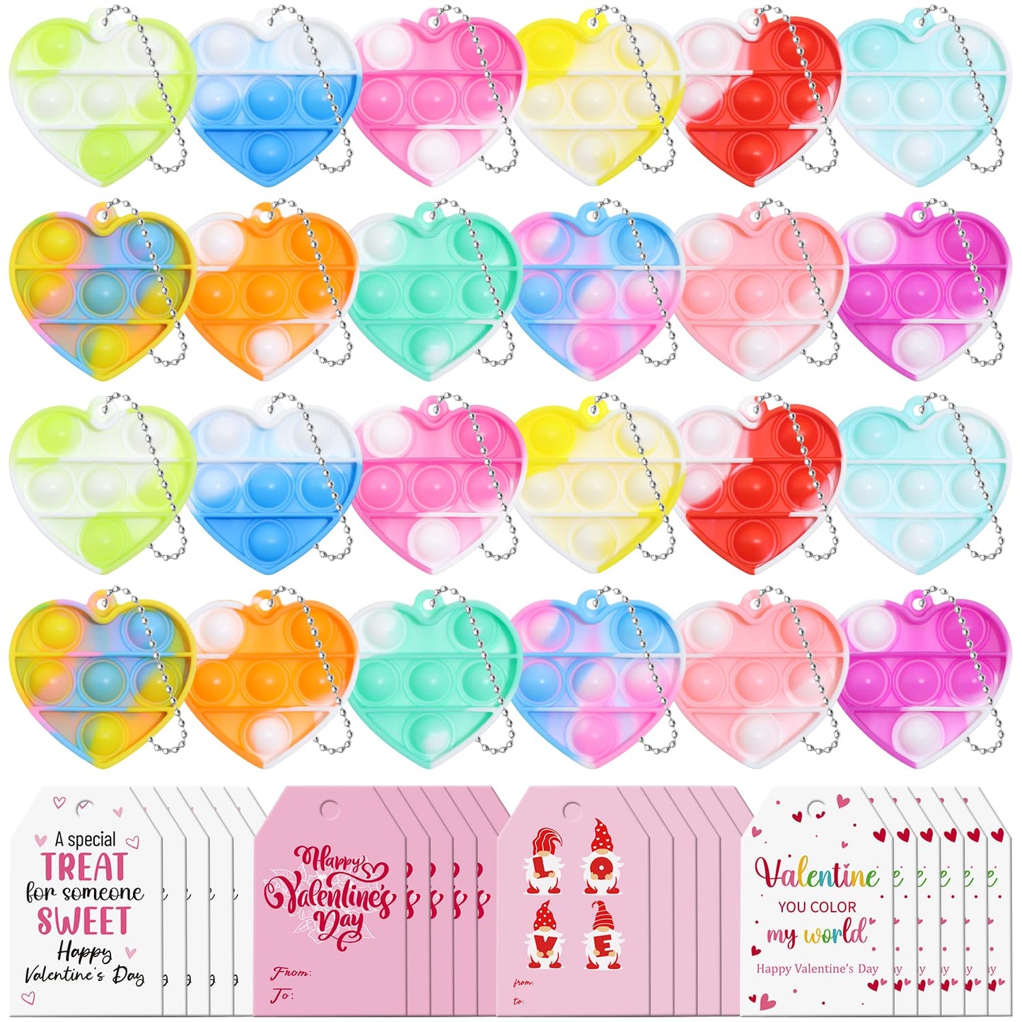 DZLUSJ 24 Pack Valentines Day Cards with Pop Fidget Keychains – Stress Relief Toys for Kids, Classroom Prizes & Party Favors (24 Pcs)