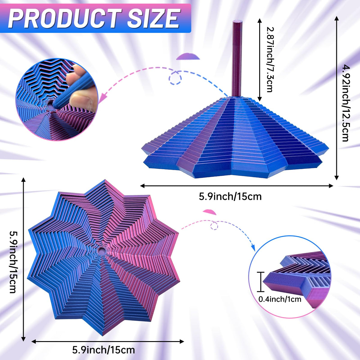 DZZ 3D Printed Expanded Sensory Fidget Star — Stress-Relief Spinning Toy (Purple-Blue, L-25rings)