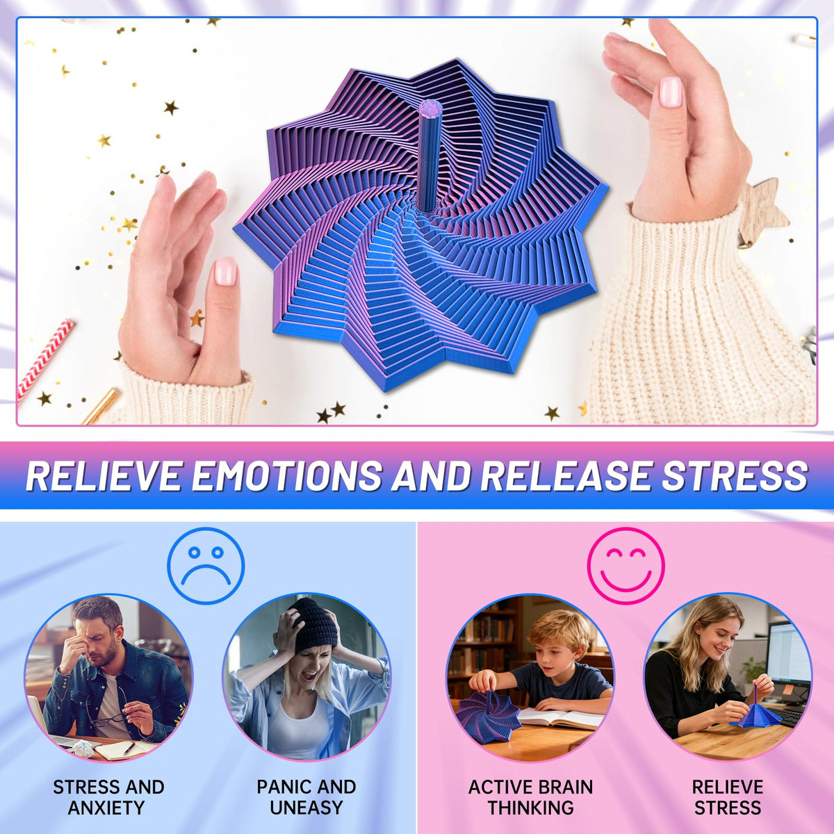 DZZ 3D Printed Expanded Sensory Fidget Star — Stress-Relief Spinning Toy (Purple-Blue, L-25rings)