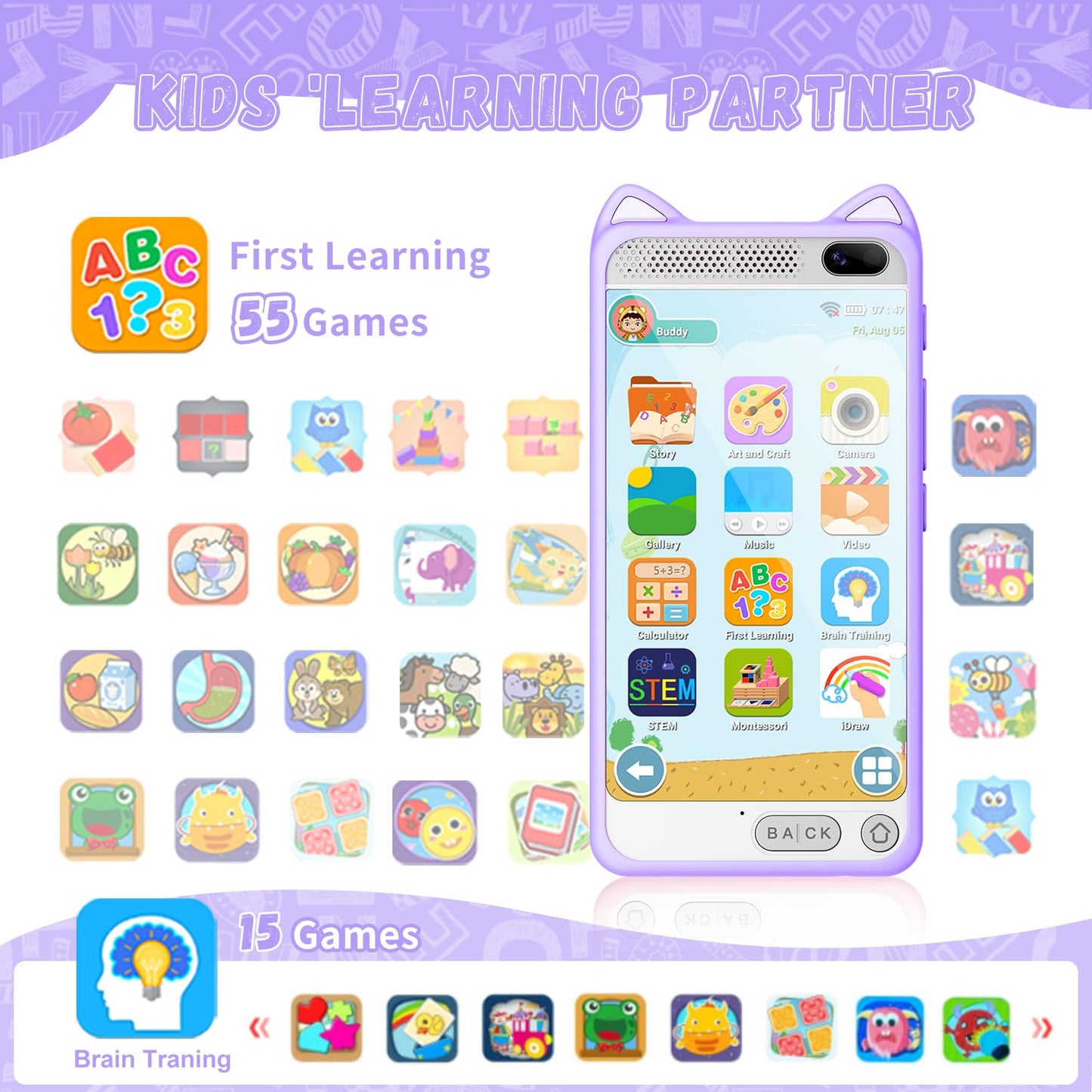 E Teacher Kids Toy Smartphone – 3.97-inch Touchscreen, Dual Camera, 2000mAh Battery, 200+ Games (Purple)