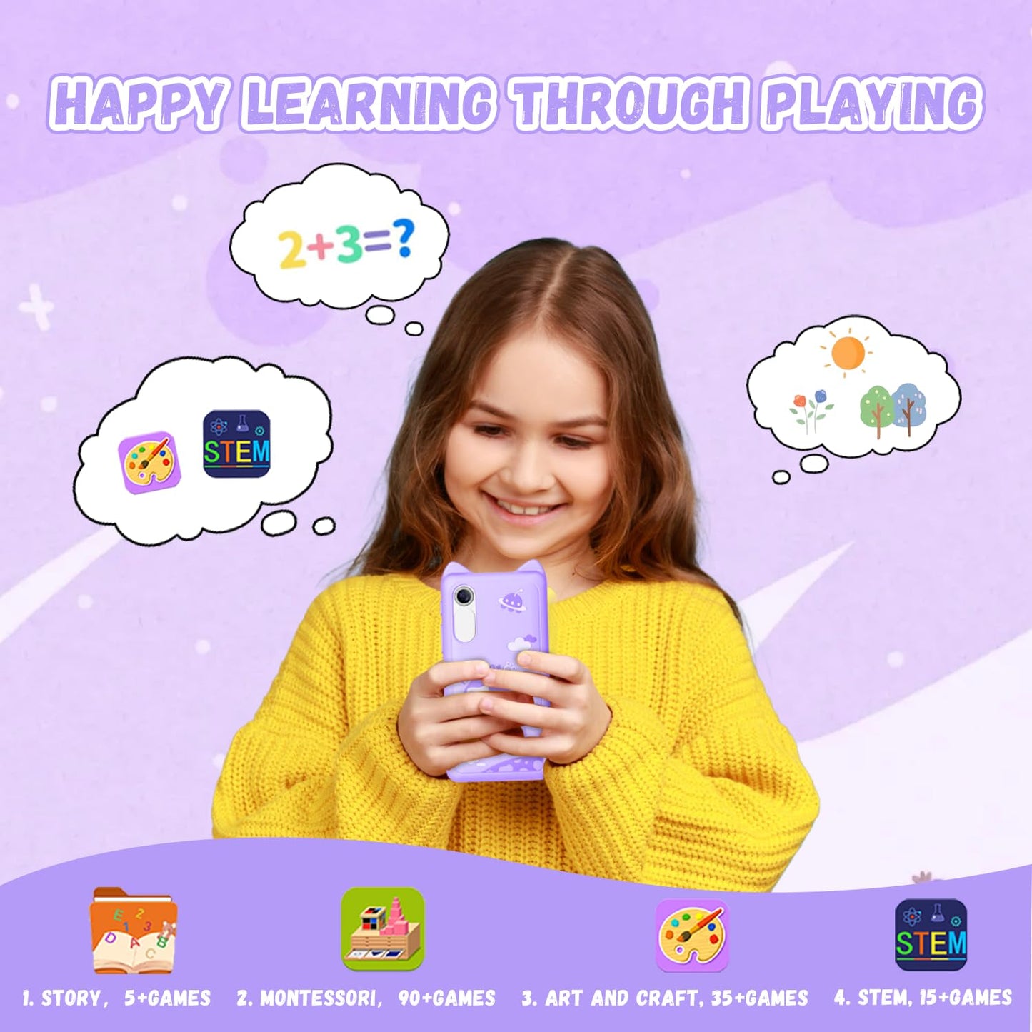 E Teacher Kids Toy Smartphone – 3.97-inch Touchscreen, Dual Camera, 2000mAh Battery, 200+ Games (Purple)