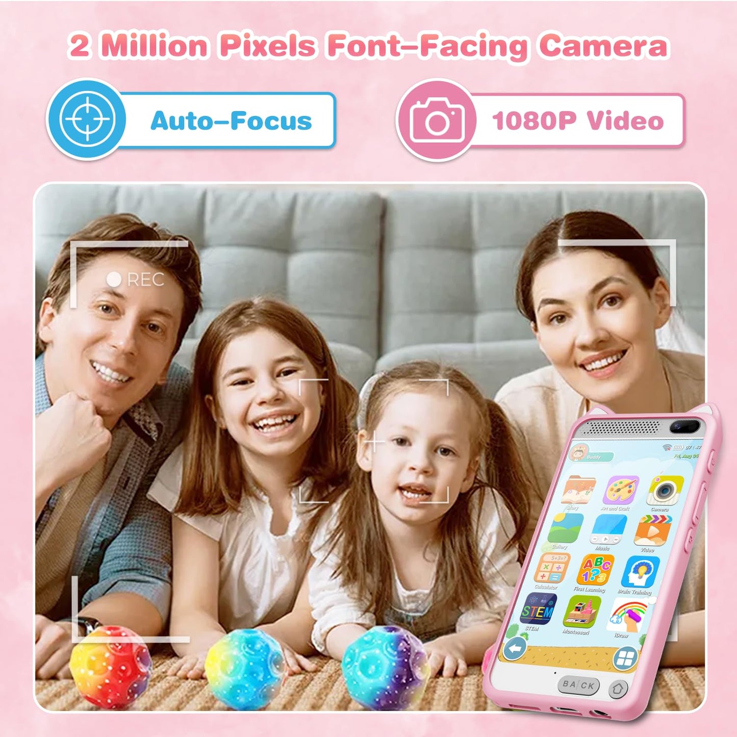 E Teacher Kids Smart Phone Toy - 3.97-inch Touchscreen Pink for Girls 3-12, Dual Camera, 2000mAh