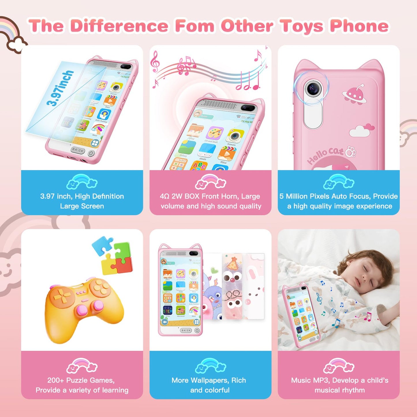 E Teacher Kids Smart Phone Toy - 3.97-inch Touchscreen Pink for Girls 3-12, Dual Camera, 2000mAh