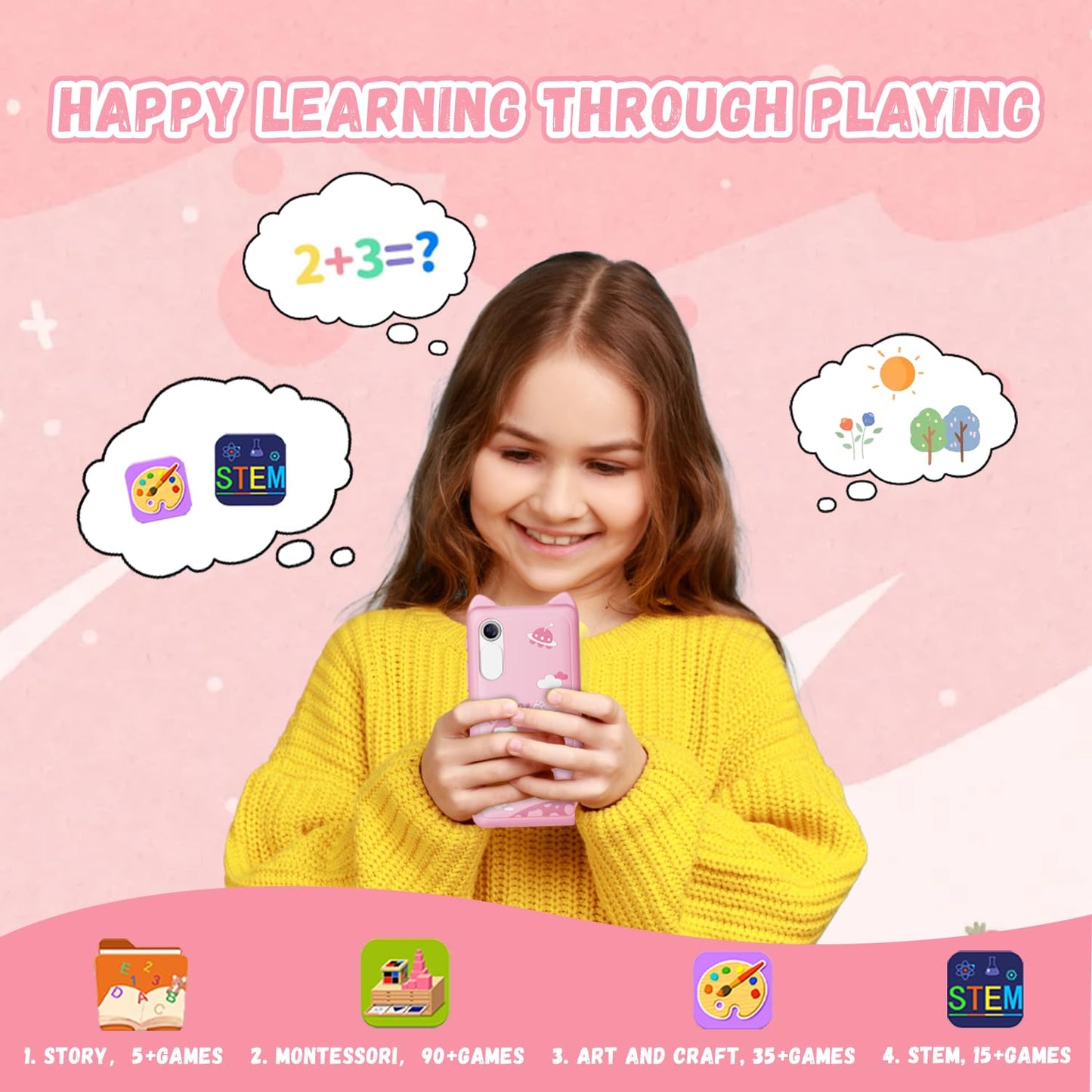 E teacher Kids Smart Phone for Girls – 3.97-inch Touchscreen Toy with Dual Camera, 8GB, Pink