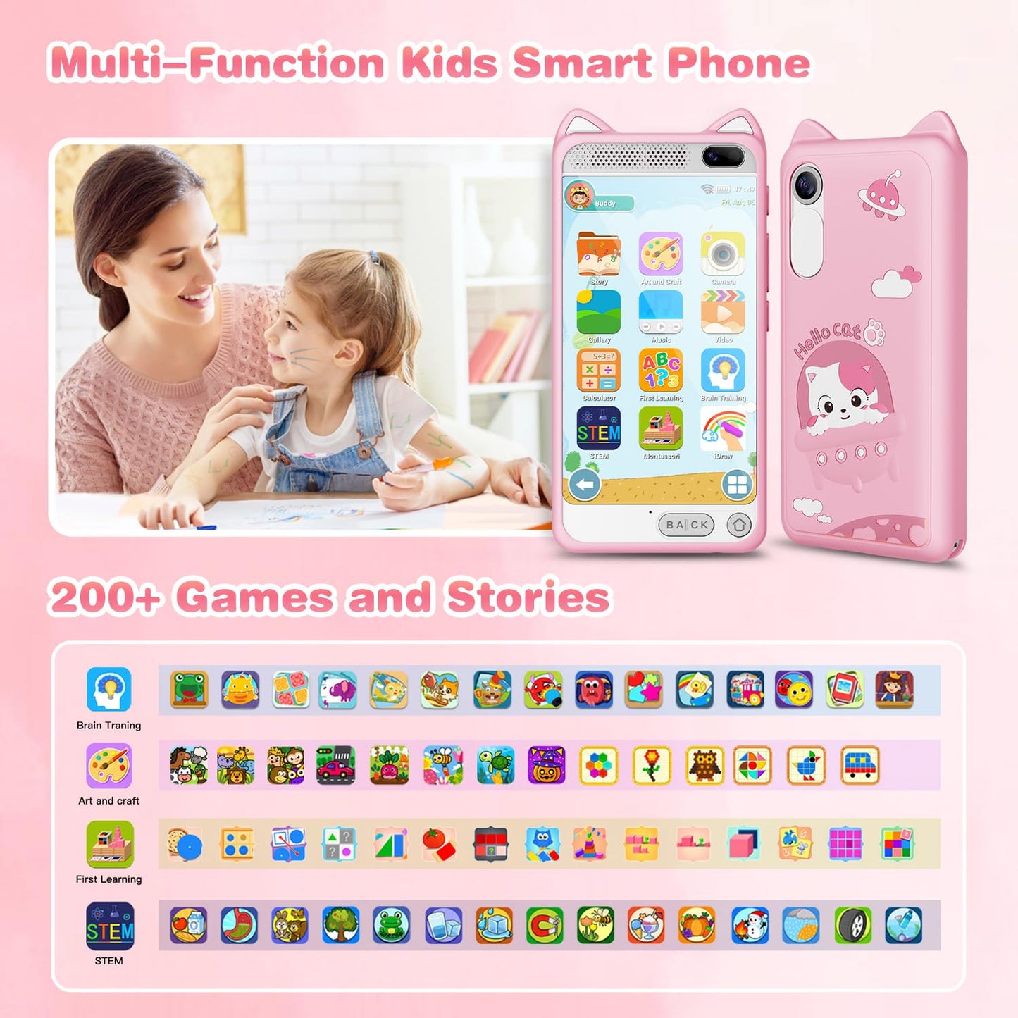 E Teacher Kids Smart Phone Toy - 3.97-inch Touchscreen Pink for Girls 3-12, Dual Camera, 2000mAh