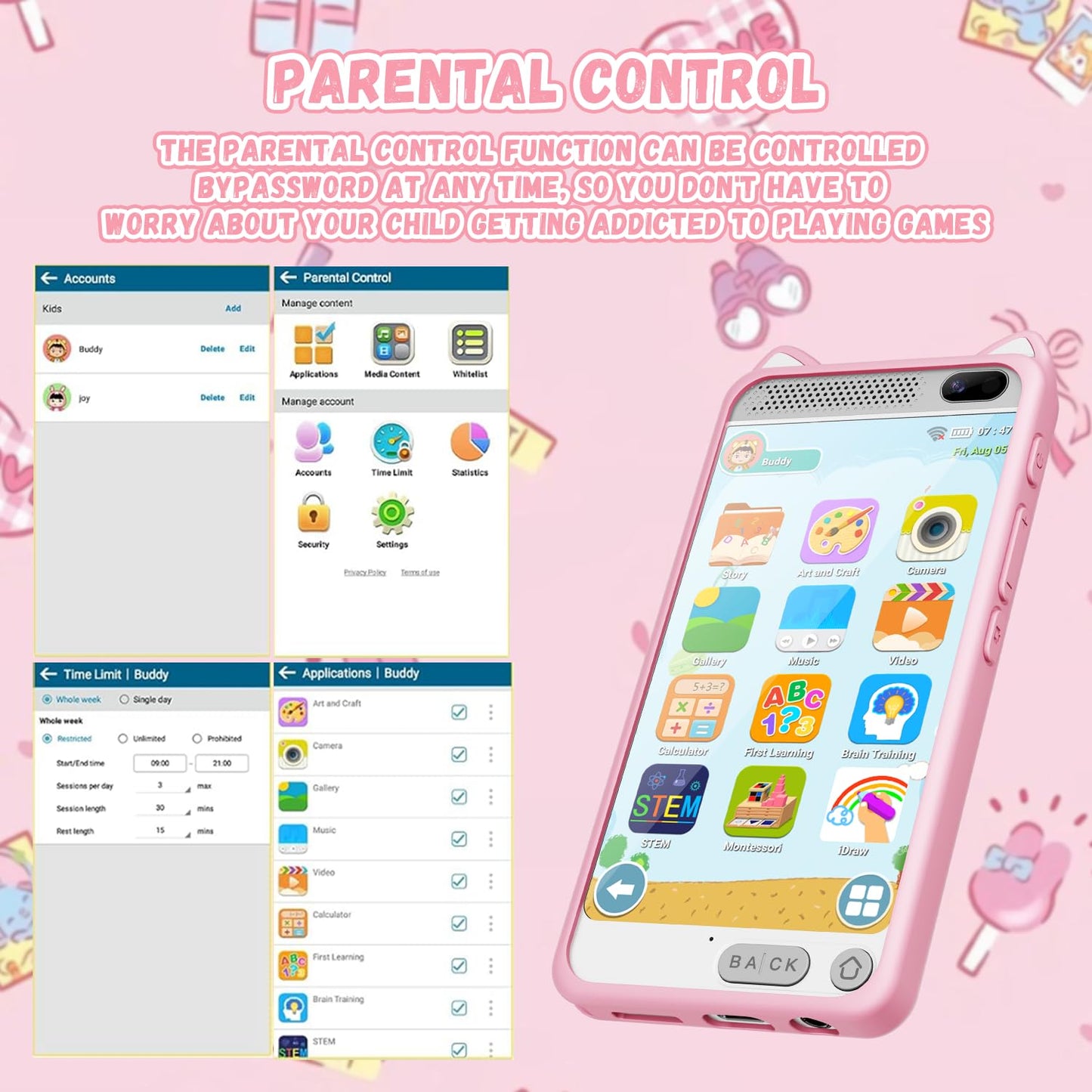 E teacher Kids Smart Phone for Girls – 3.97-inch Touchscreen Toy with Dual Camera, 8GB, Pink