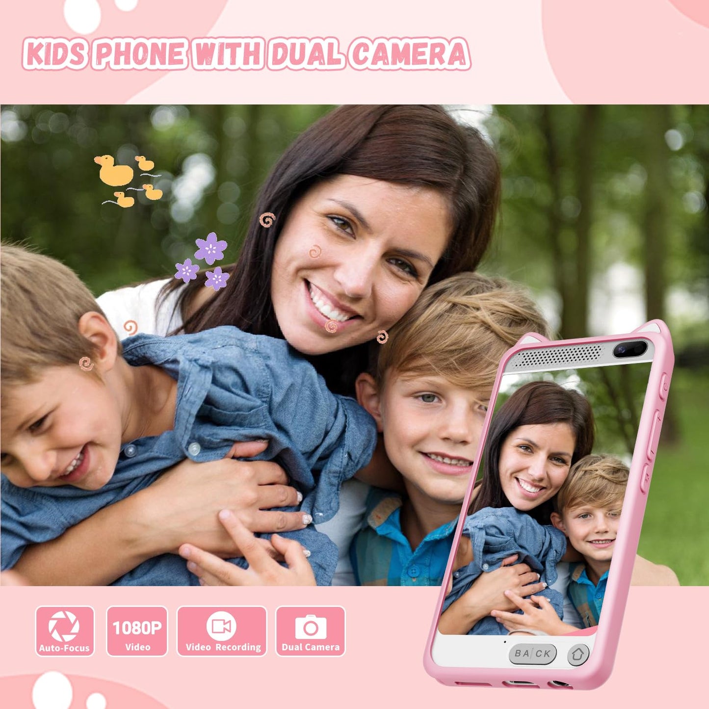 E teacher Kids Smart Phone for Girls – 3.97-inch Touchscreen Toy with Dual Camera, 8GB, Pink
