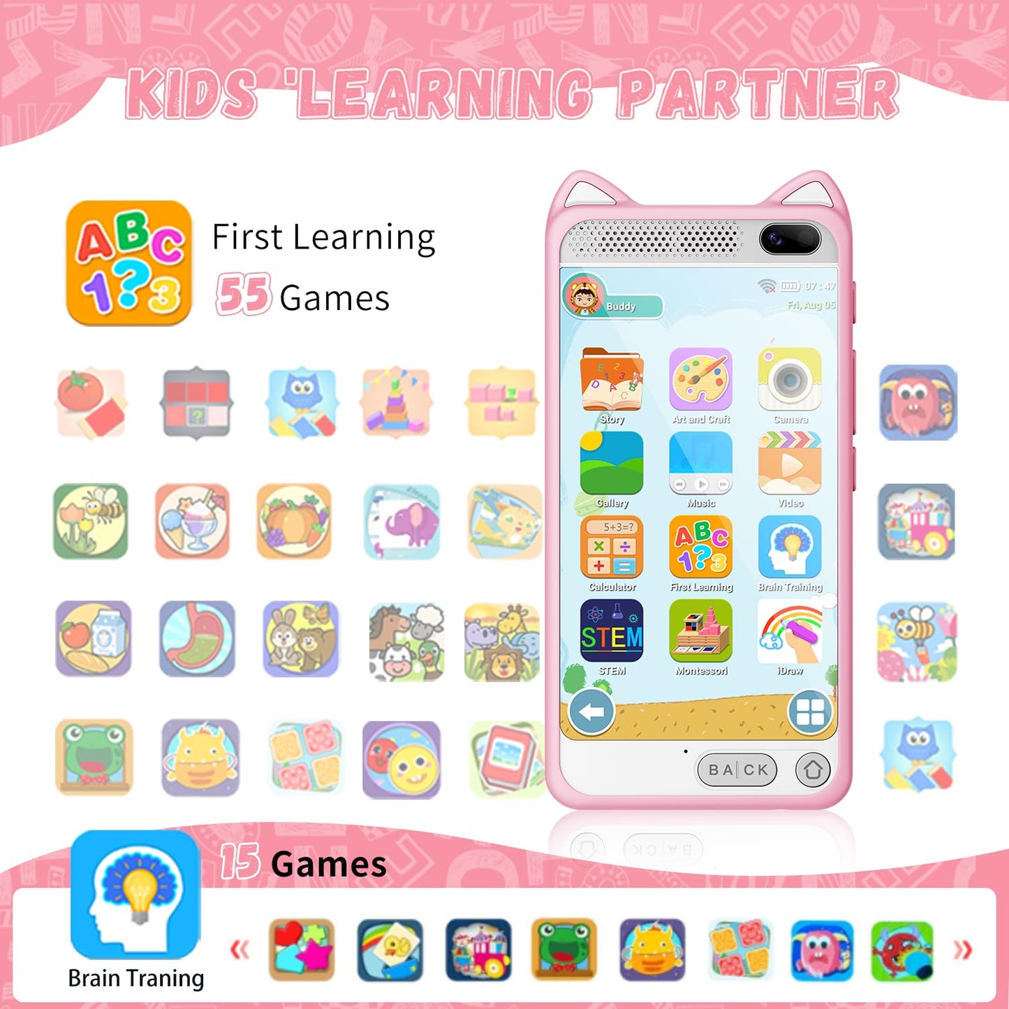 E teacher Kids Smart Phone for Girls – 3.97-inch Touchscreen Toy with Dual Camera, 8GB, Pink