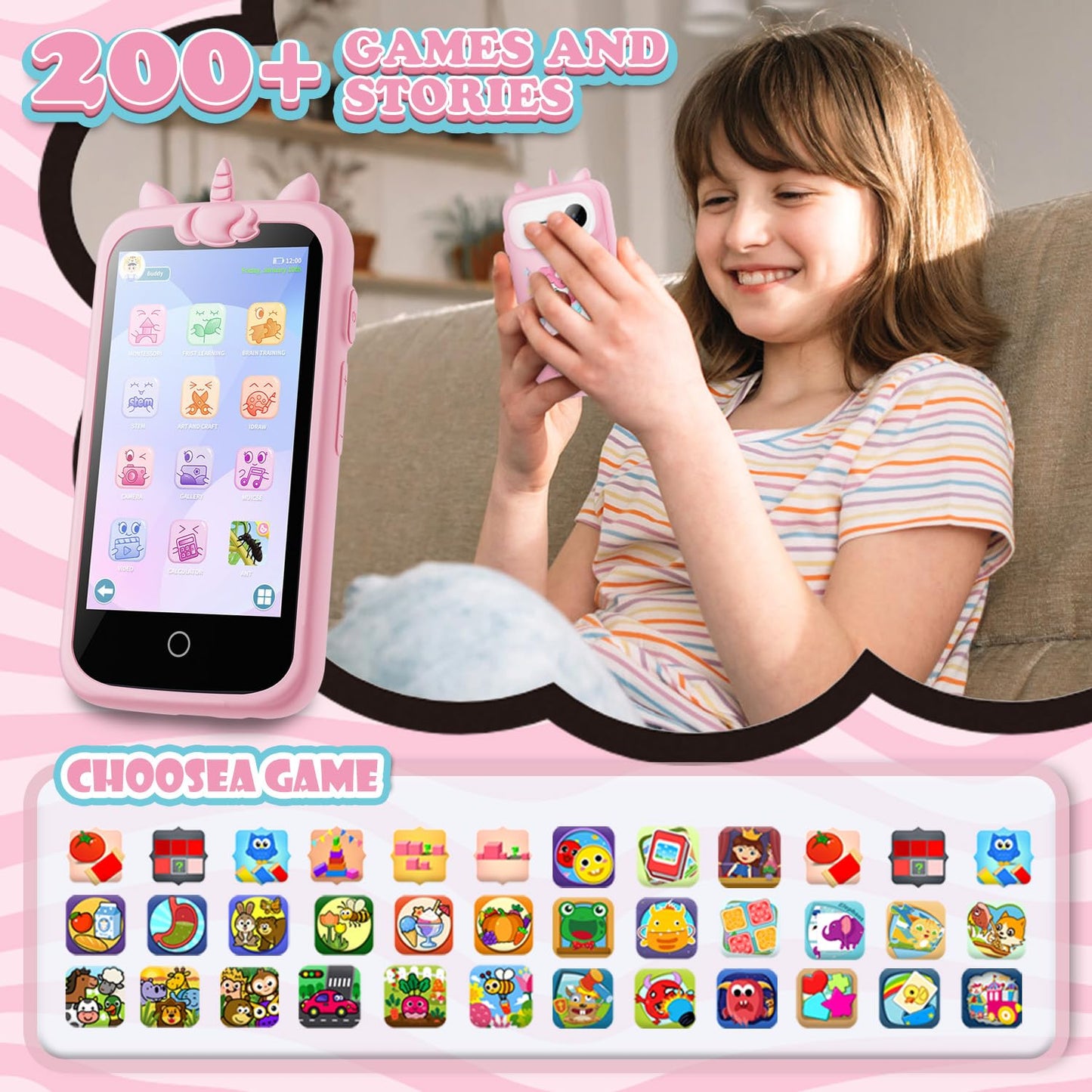 E teacher Kids Smart Phone for Girls – 3.97-inch Touchscreen Toy, 8GB, Pink