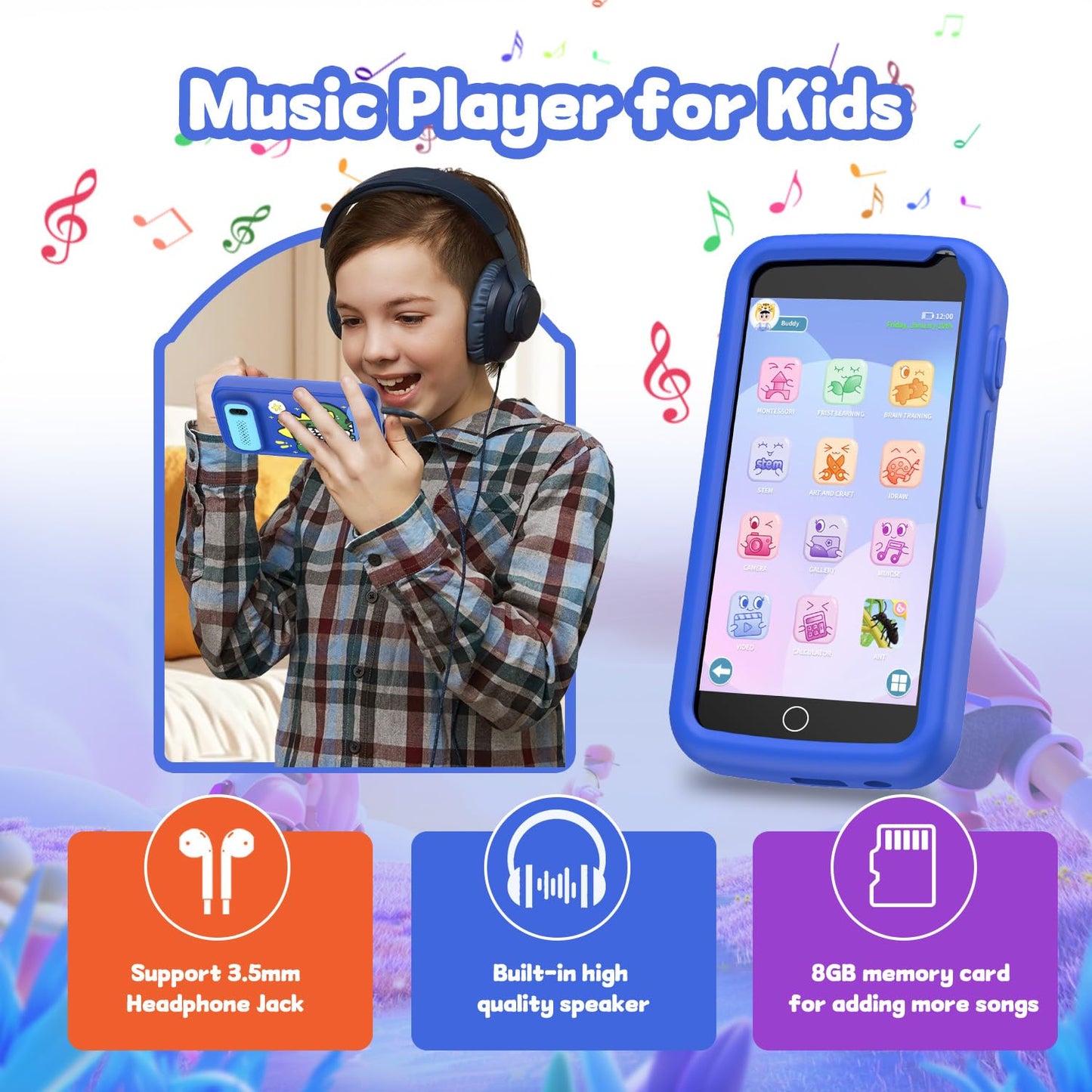 E teacher Kids Smart Phone Toy – 3.97-inch Touchscreen Dinosaur Gift for Boys 3-12 (Blue) with Camera & Games