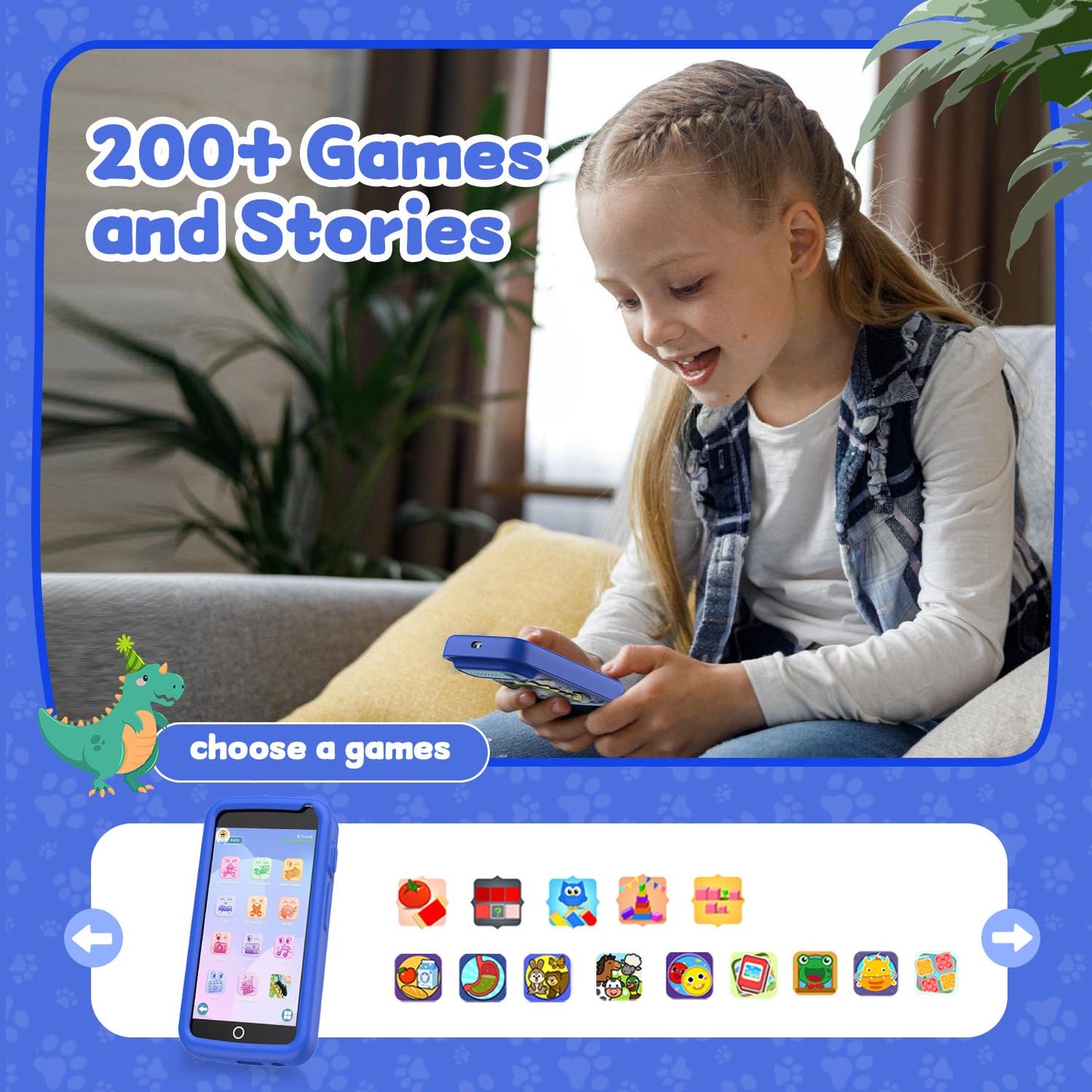E teacher Kids Smart Phone Toy – 3.97-inch Touchscreen Dinosaur Gift for Boys 3-12 (Blue) with Camera & Games