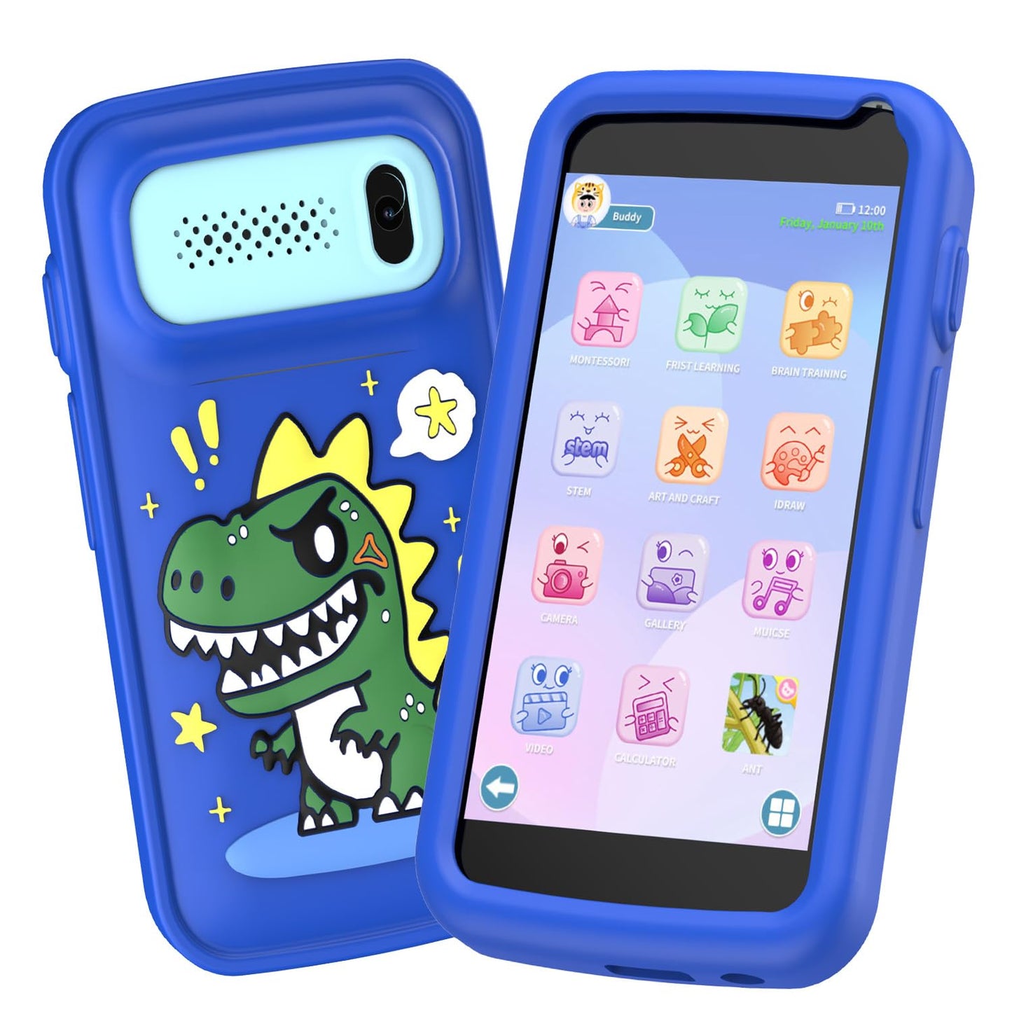 E teacher Kids Smart Phone Toy – 3.97-inch Touchscreen Dinosaur Gift for Boys 3-12 (Blue) with Camera & Games