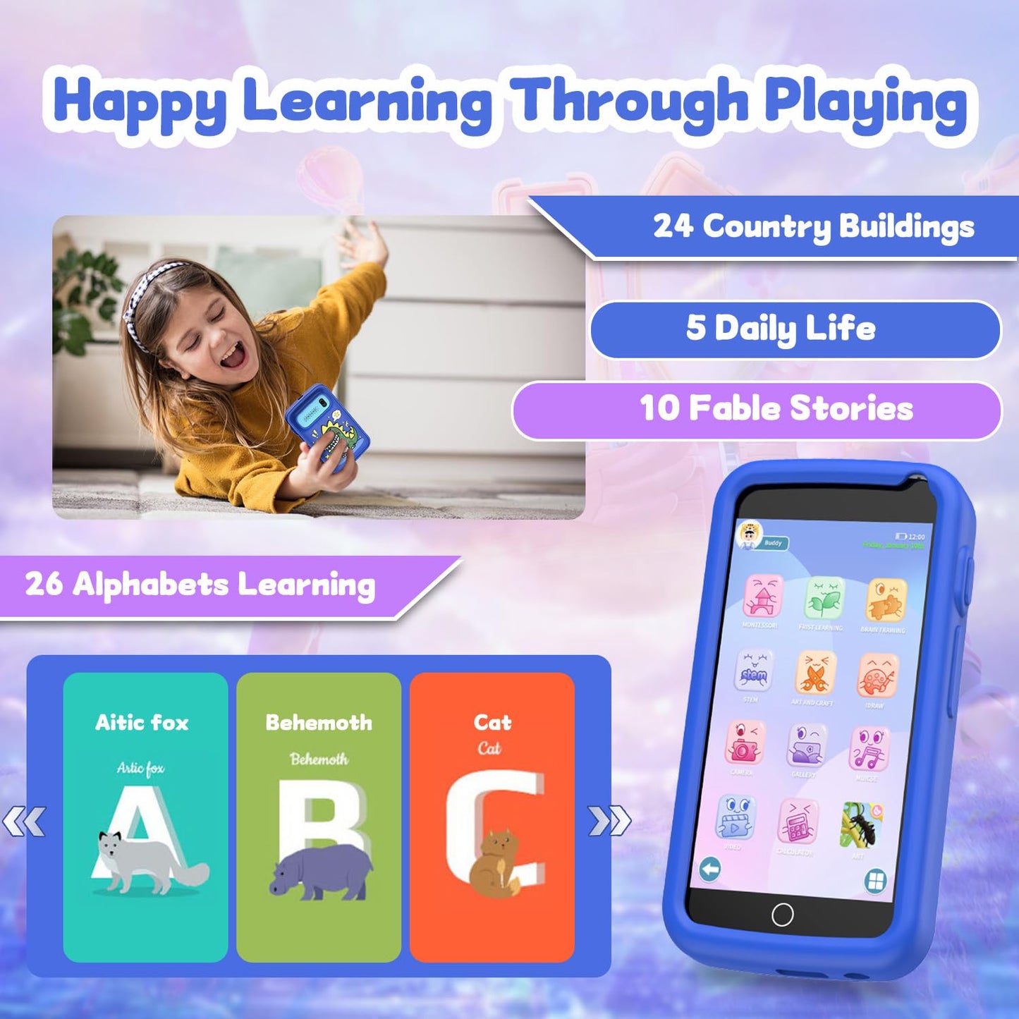 E teacher Kids Smart Phone Toy – 3.97-inch Touchscreen Dinosaur Gift for Boys 3-12 (Blue) with Camera & Games