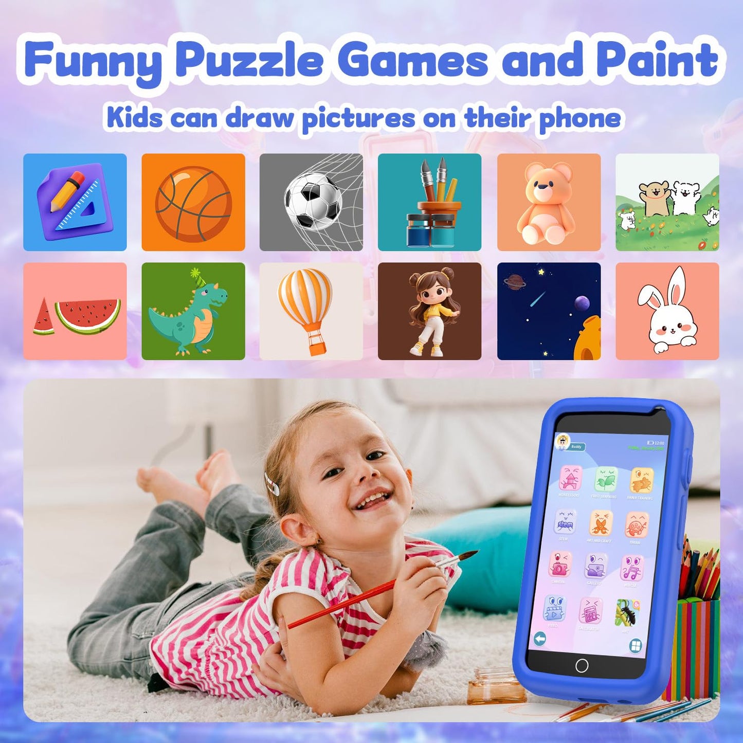 E teacher Kids Smart Phone Toy – 3.97-inch Touchscreen Dinosaur Gift for Boys 3-12 (Blue) with Camera & Games