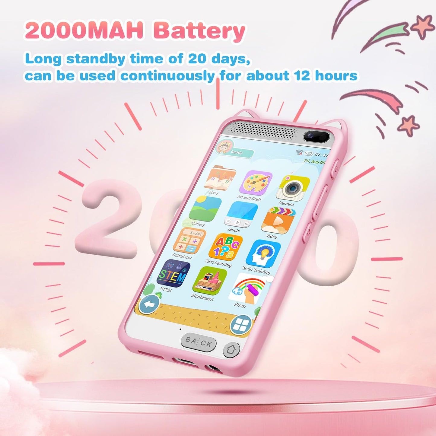 E Teacher Kids Smart Phone Toy - 3.97-inch Touchscreen Pink for Girls 3-12, Dual Camera, 2000mAh