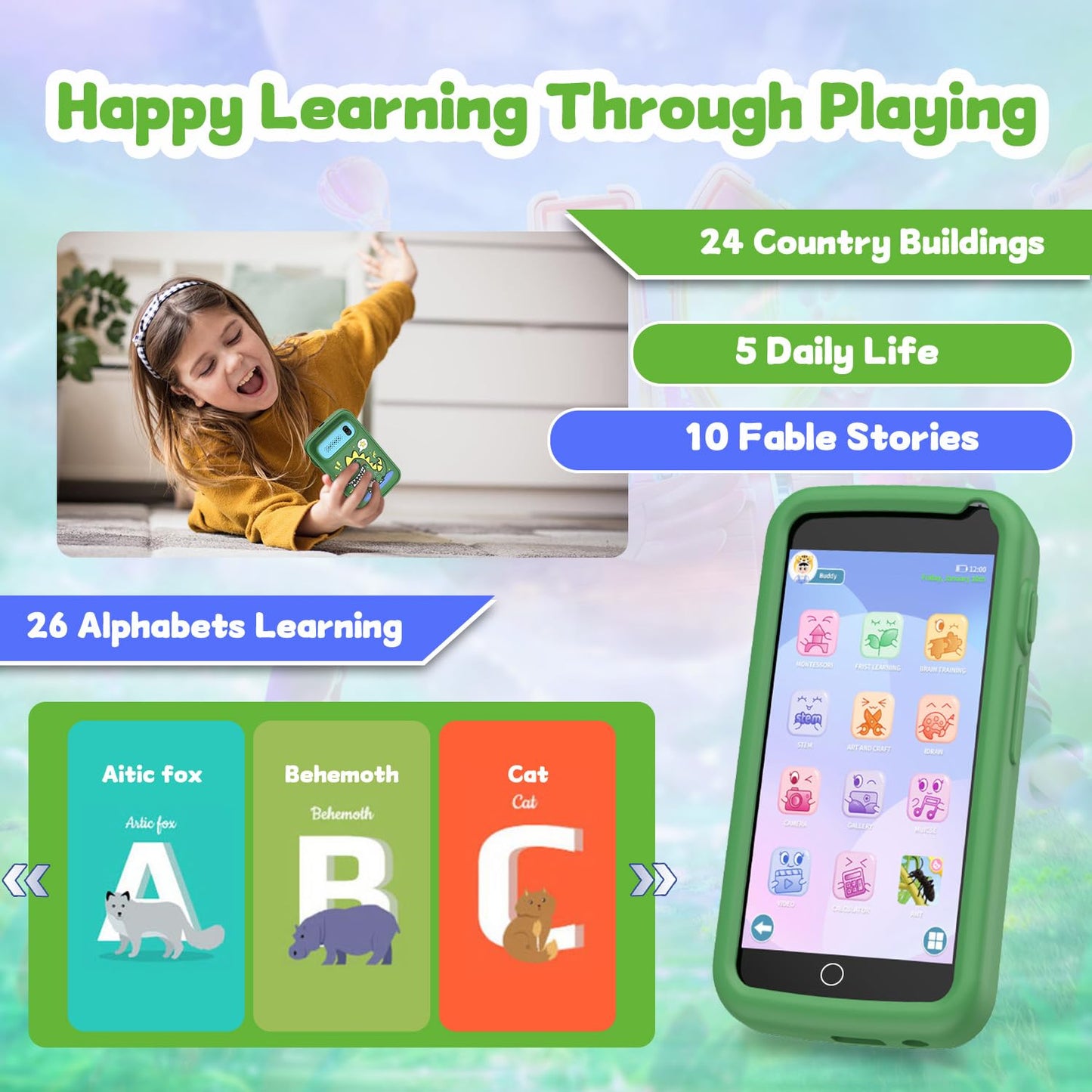 E teacher Kids Smartphone Toy – 3.97-inch Touchscreen, 200+ Puzzle Games, Music Player | Safe Play Phone for Ages 3-12