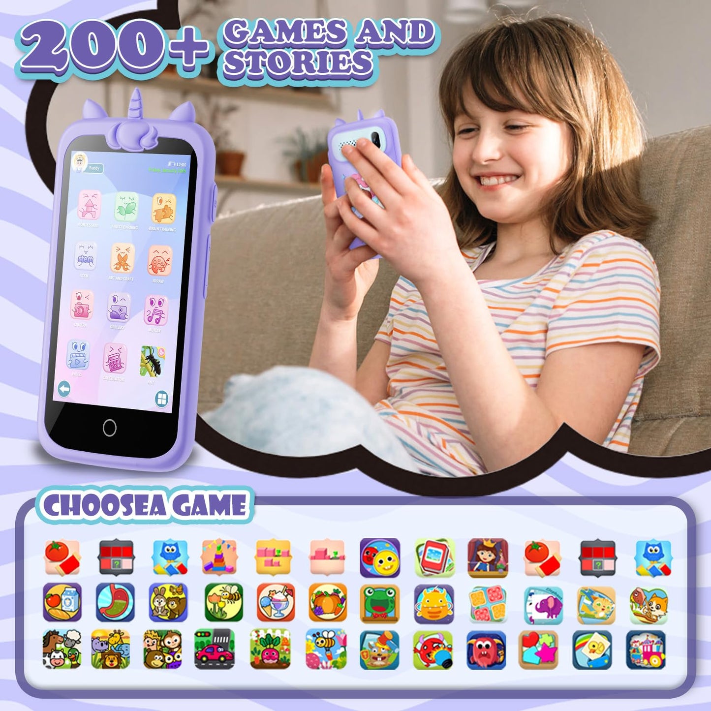 E teacher Kids Toys Phone | 3.97-inch Touchscreen Mini Phone for Learning, 200 Games, 5MP Camera, 8GB Card