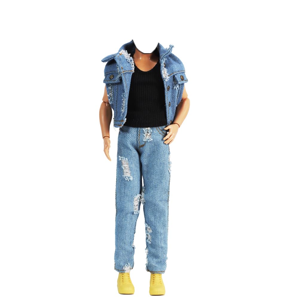 E-TING 3-Item Denim Set for 12in Doll – Ripped Vest, Black Vest & Jeans