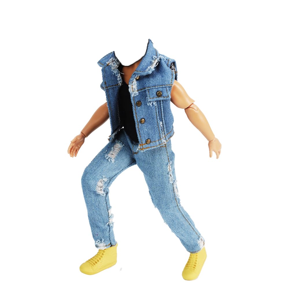 E-TING 3-Item Denim Set for 12in Doll – Ripped Vest, Black Vest & Jeans
