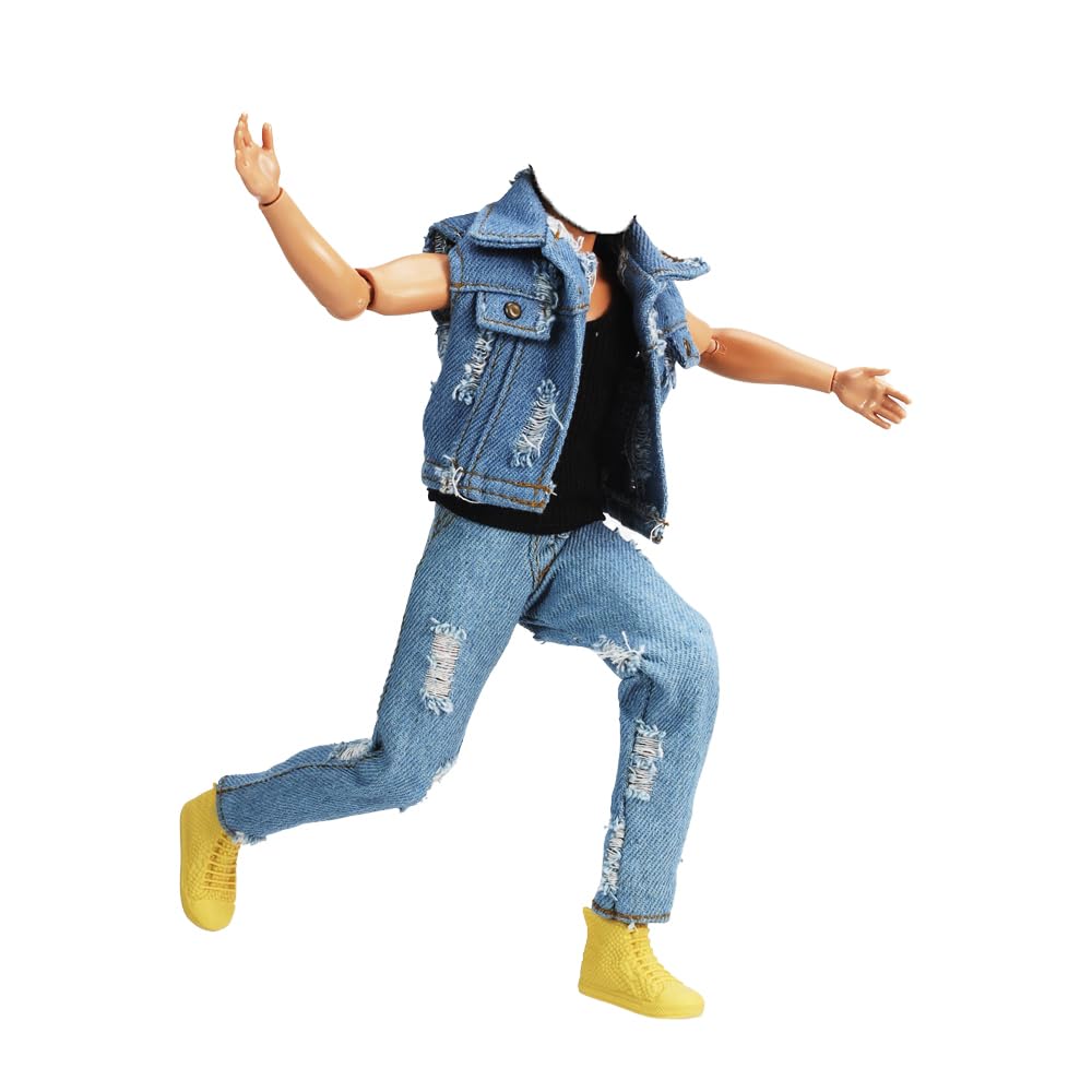 E-TING 3-Item Denim Set for 12in Doll – Ripped Vest, Black Vest & Jeans