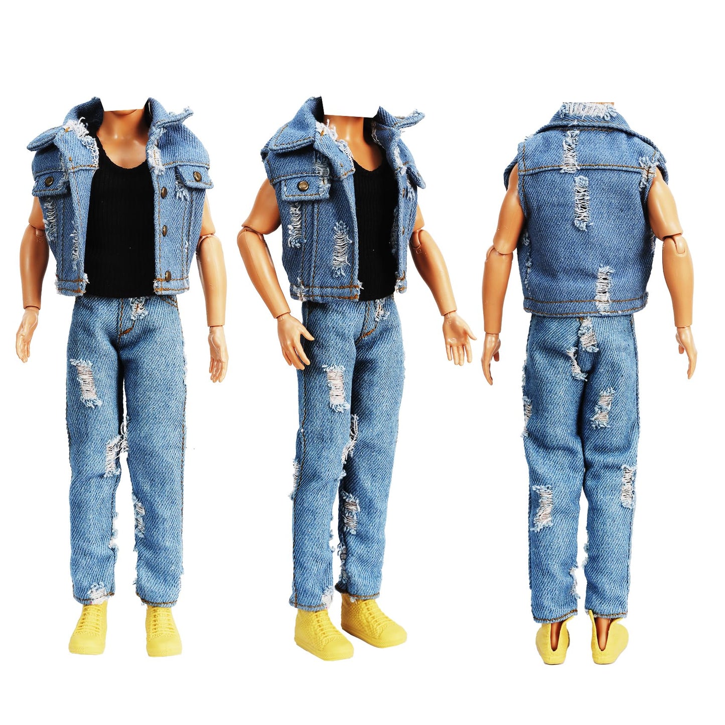 E-TING 3-Item Denim Set for 12in Doll – Ripped Vest, Black Vest & Jeans