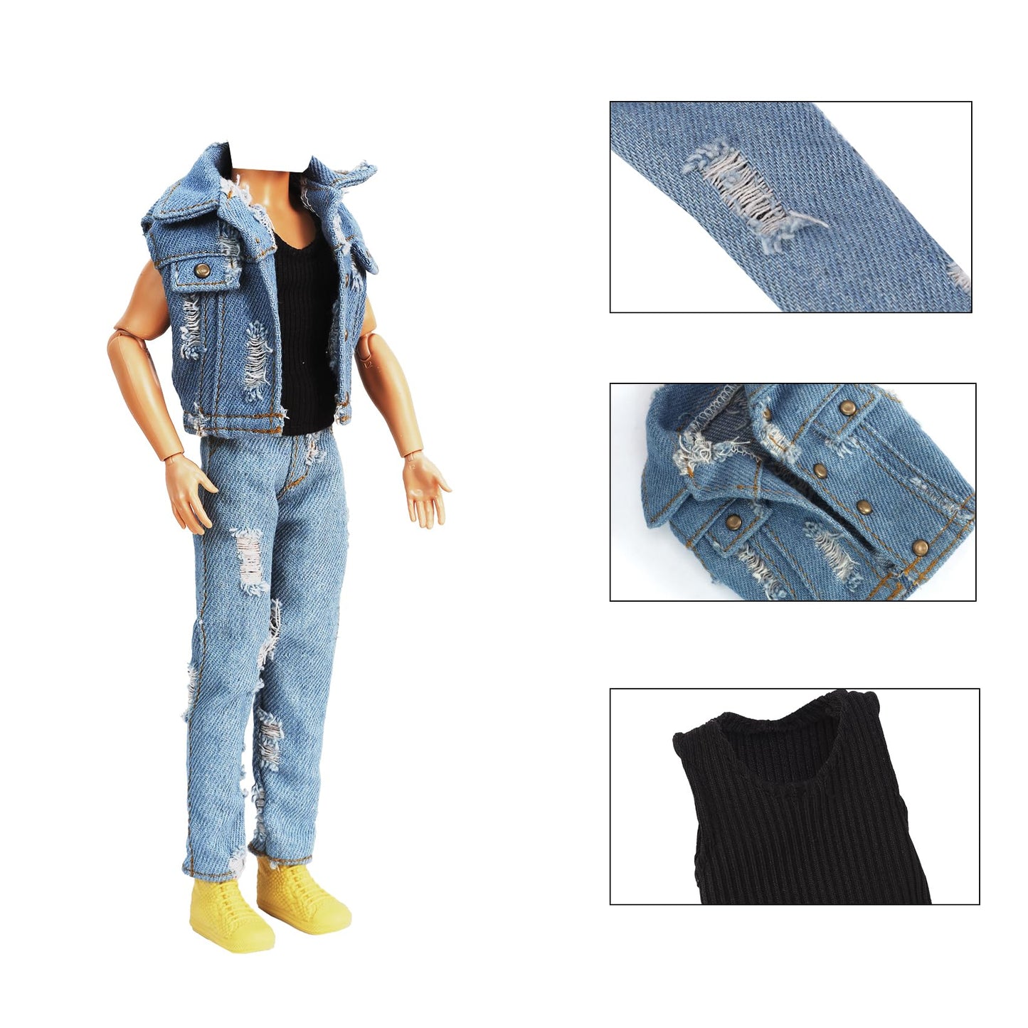 E-TING 3-Item Denim Set for 12in Doll – Ripped Vest, Black Vest & Jeans