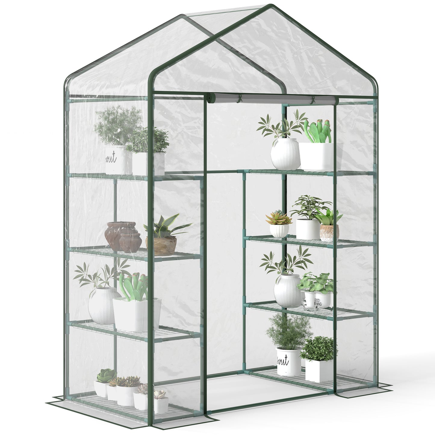4 Tiers 8 Shelves Metal Frame Walk in Portable Greenhouse 143Lx73Wx195Hcm