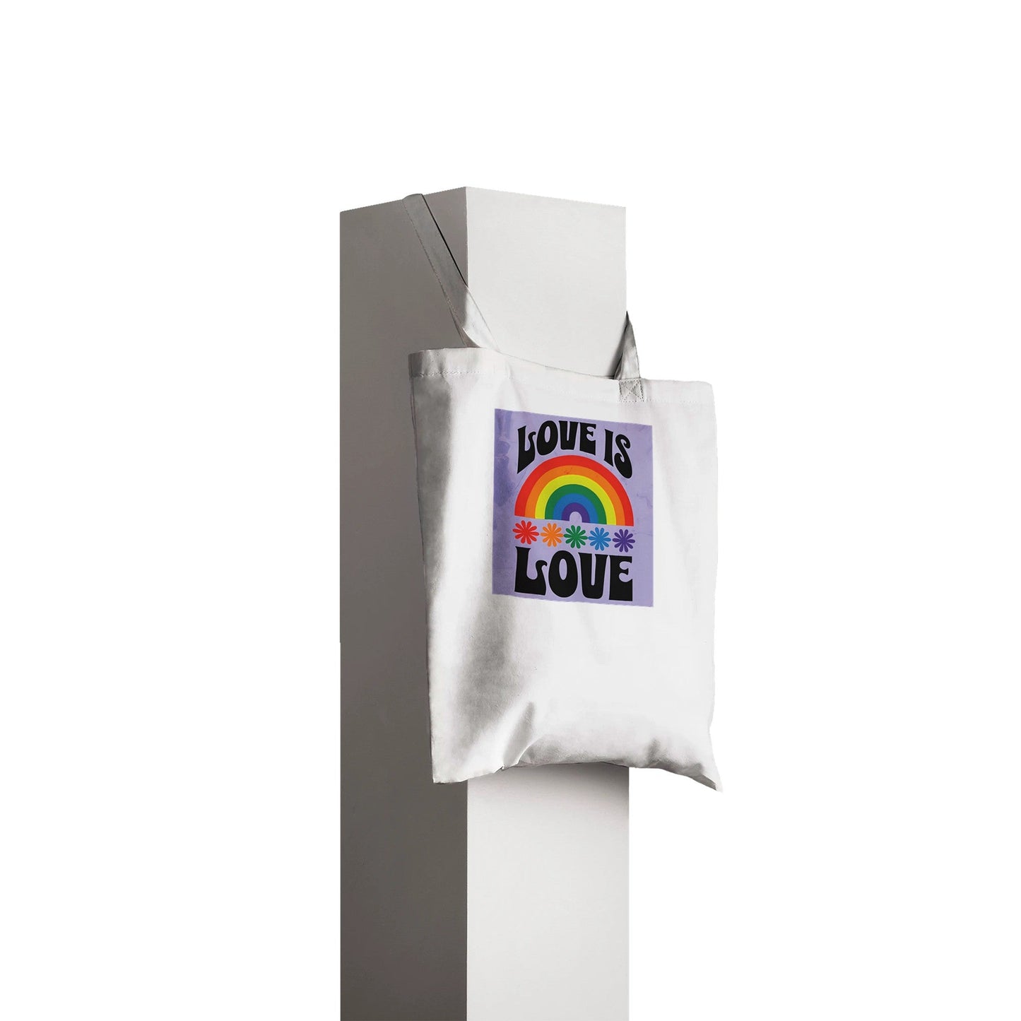 Love Is Love Tote Bag – LGBTQ+ Pride Rainbow Shopper Bag - Eco-Friendly Reusable Cotton Tote with Retro 70s Style Design