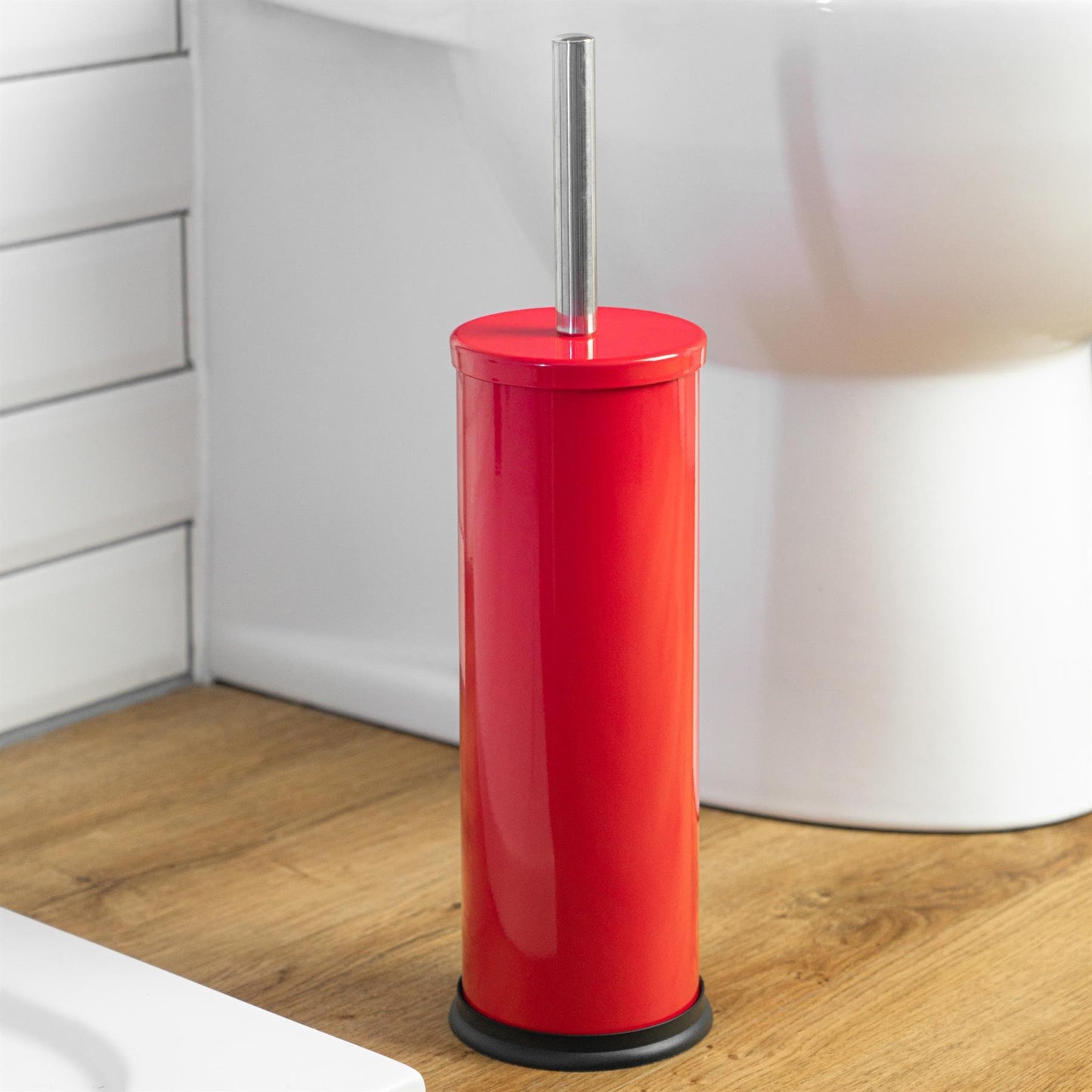 Red Round Stainless Steel Toilet Brush & Holder