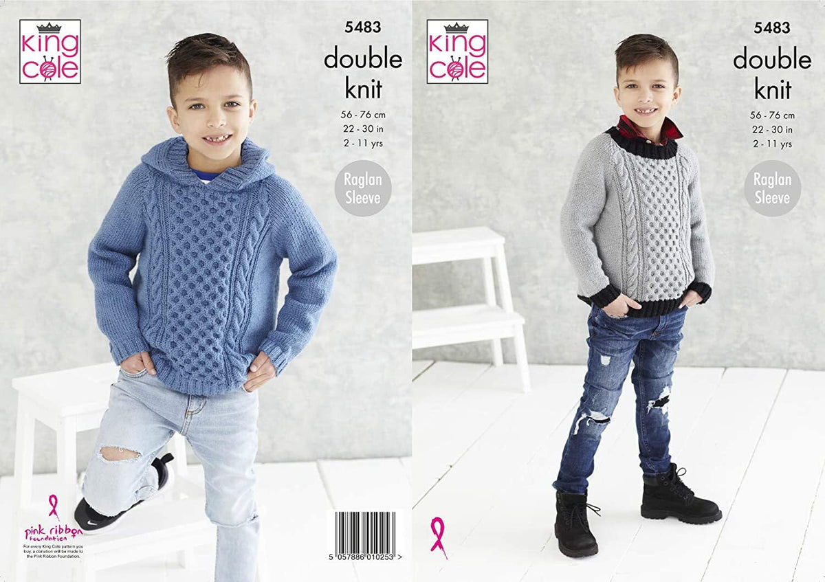 King Cole Boys Double Knitting Pattern Raglan Sleeve Round Neck or Hooded Sweater (5483)